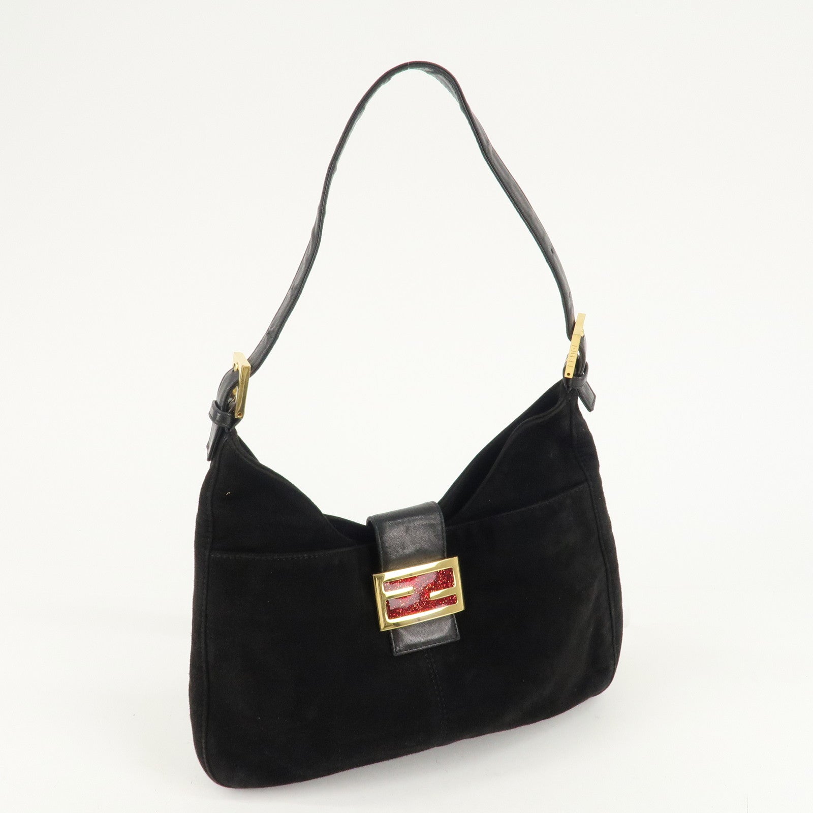 FENDI Suede Leather Shoulder Bag Black 26569 Used