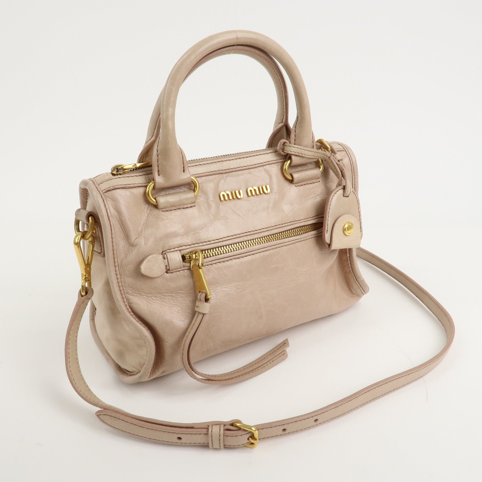 MIU MIU Logo Leather 2 Way Hand Bag Shoulder Bag Beige Used