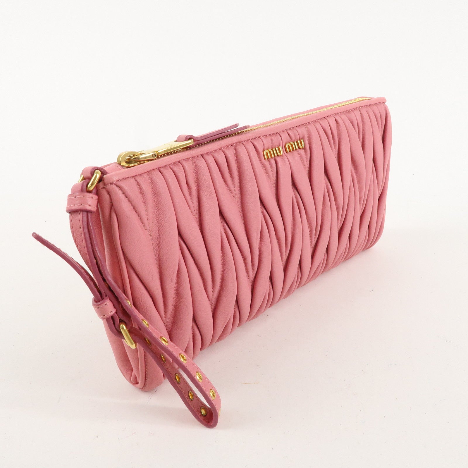 MIU MIU Matelasse Leather Pouch Clutch Bag Pink 5N1455