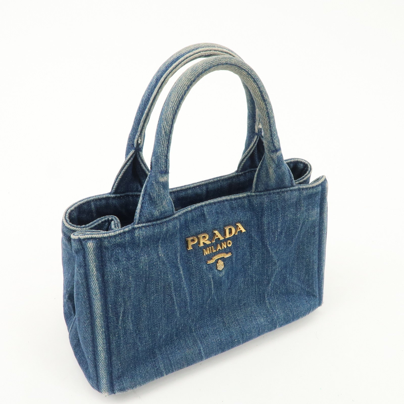 PRADA Nano Canapa Mini Denim Hand Bag Tote Bag Blue Used