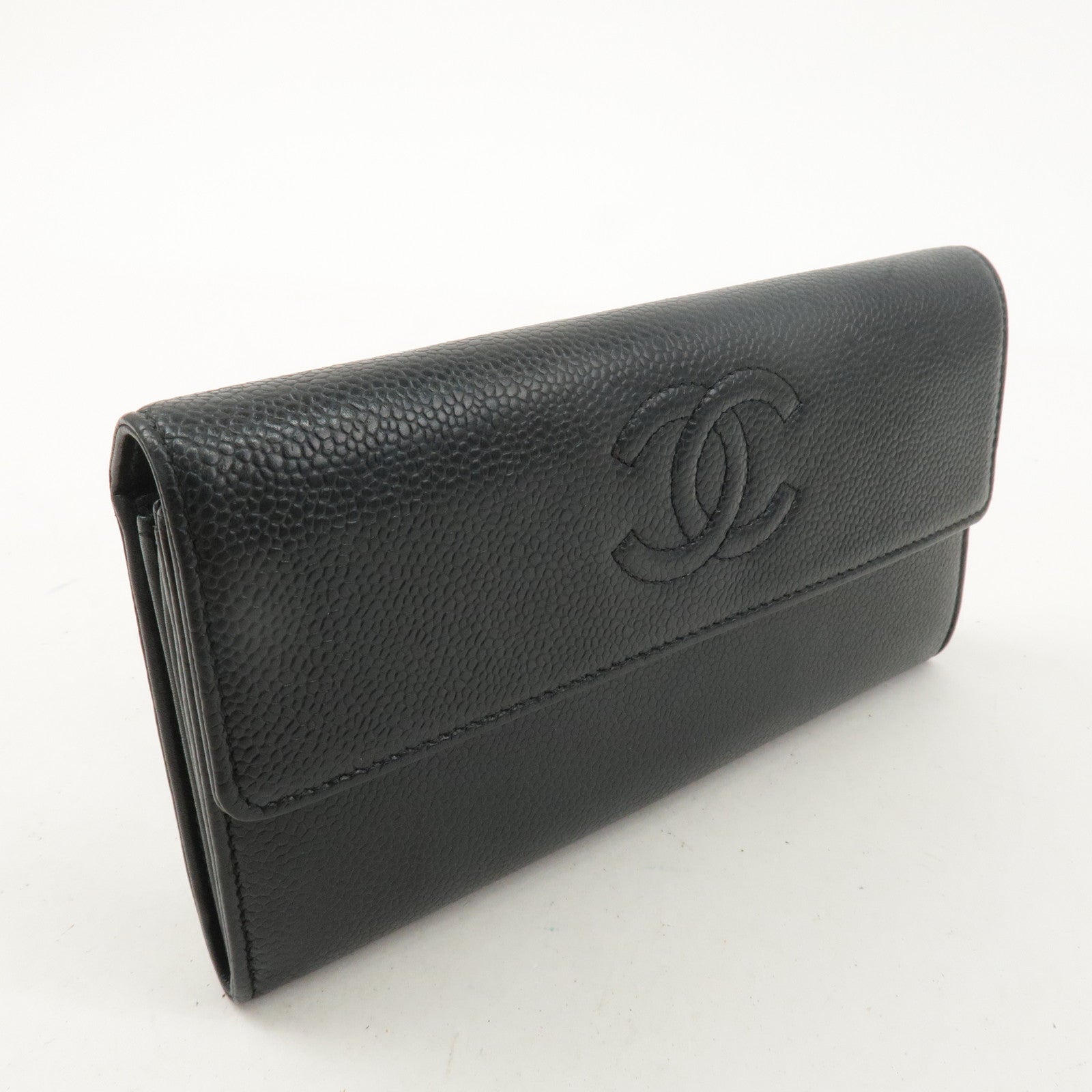 CHANEL Caviar Skin Coco Mark Bi-fold Long Wallet Black