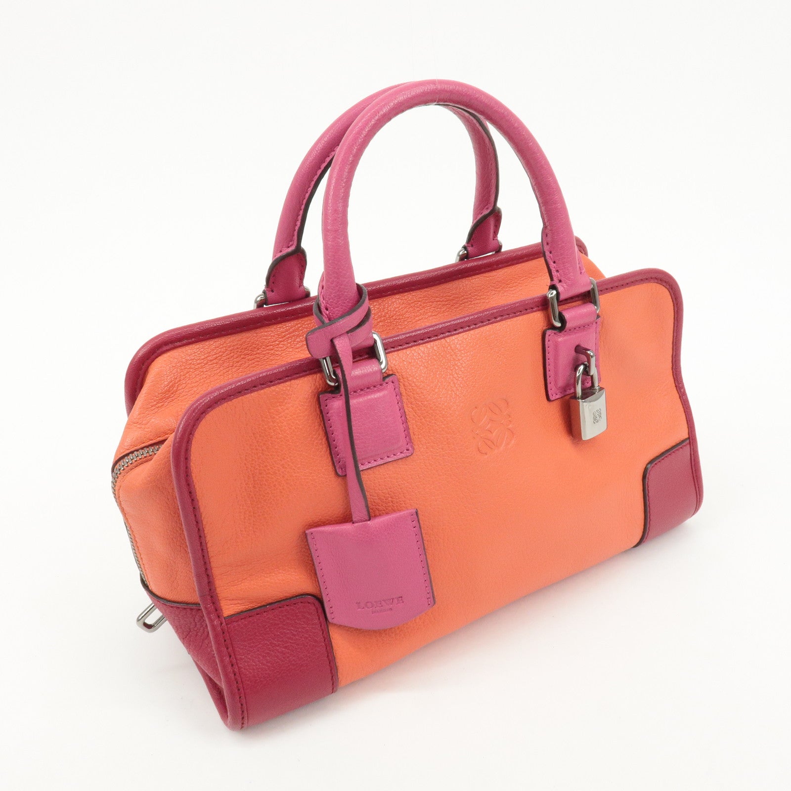 LOEWE Anagram Leather Amazona 28 Hand Bag Orange Red Pink Used