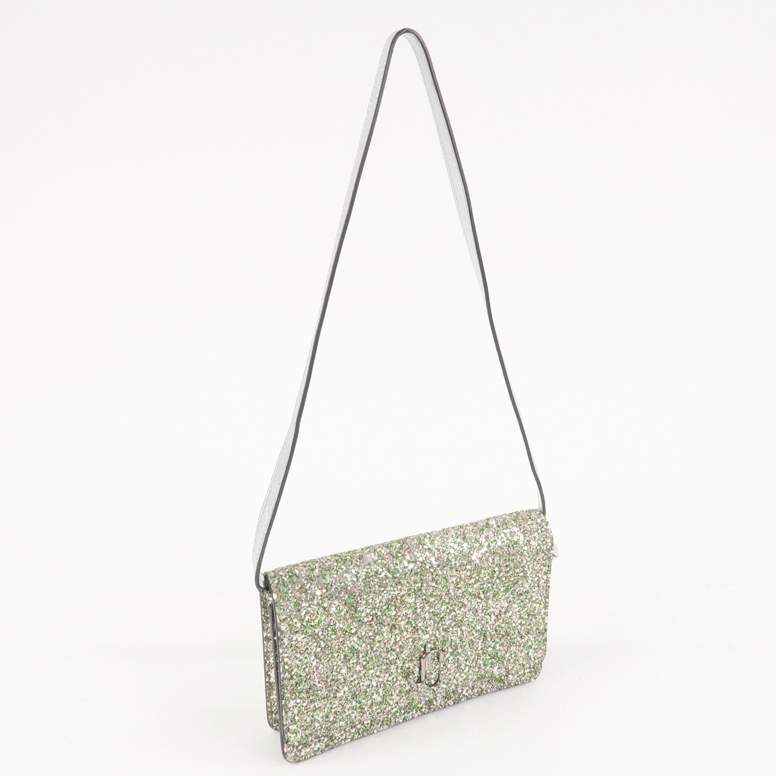 JIMMY CHOO Glitter Leather Shoulder Wallet Bag Green Silver