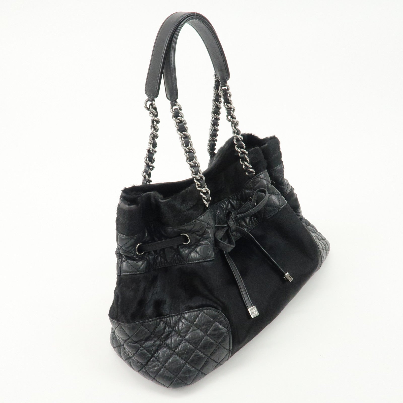 CHANEL Matelasse Pony Hair Leather Chain Drawstring Tote Bag Used