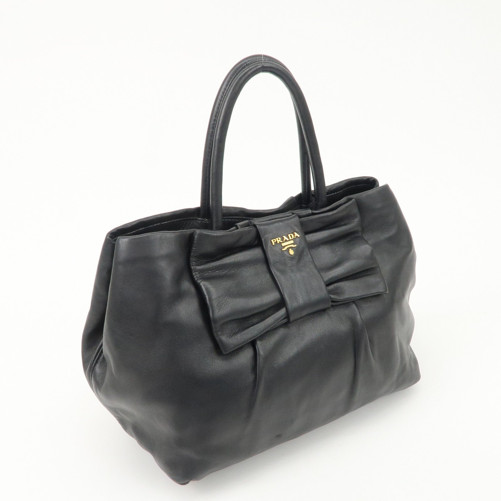 PRADA Leather Ribbon Tote Bag Hand Bag NERO Black BN1601 Used