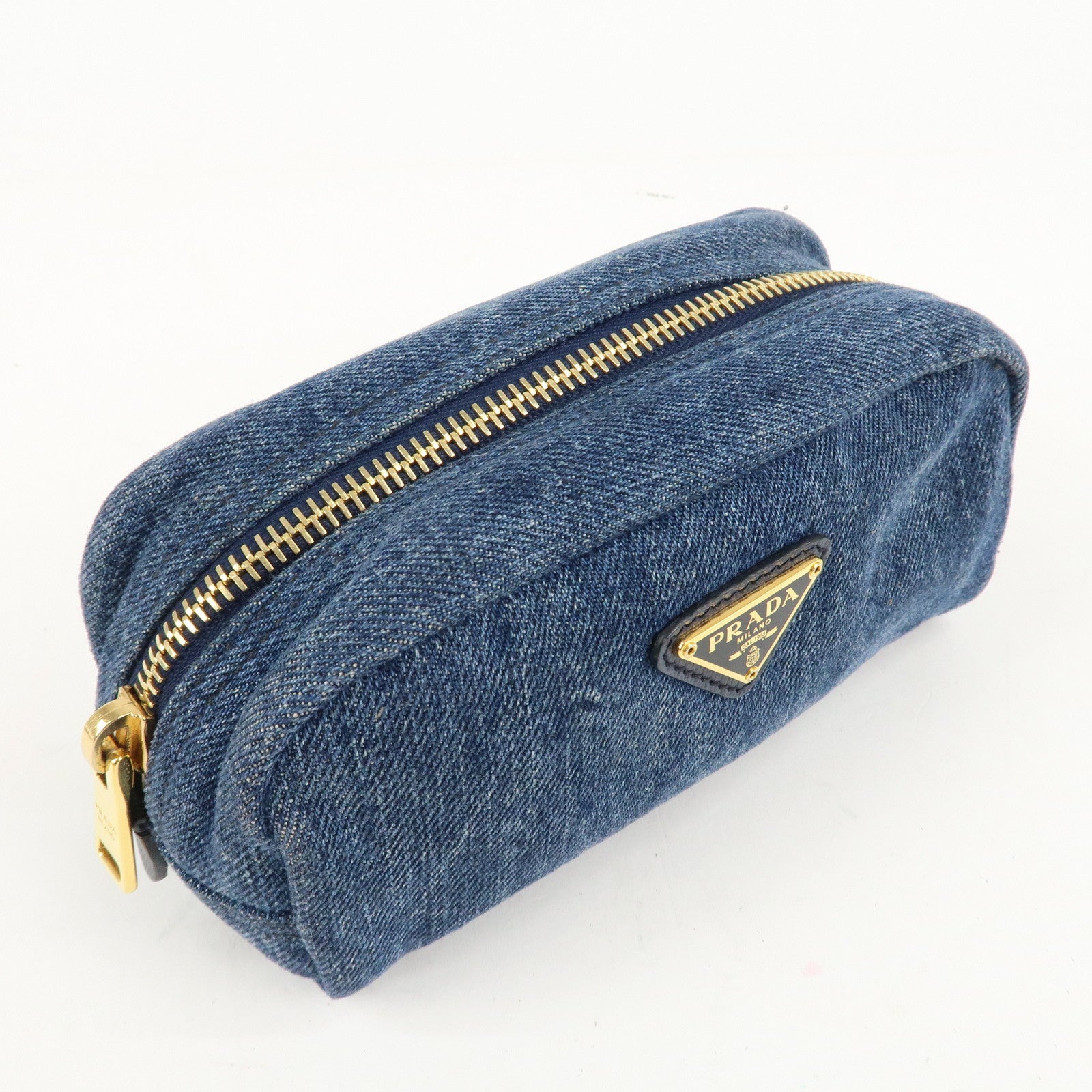 PRADA Triangle Logo Denim Pouch Cosmetic Pouch Blue