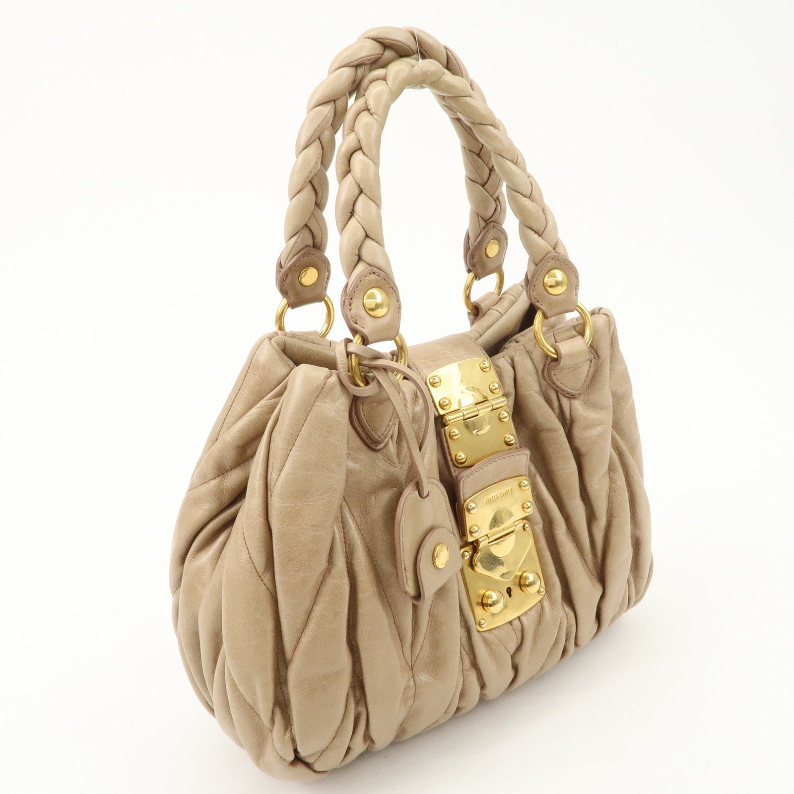 MIU MIU Matelasse Leather Gathered 2Way Shoulder Bag Beige RN0473 Used