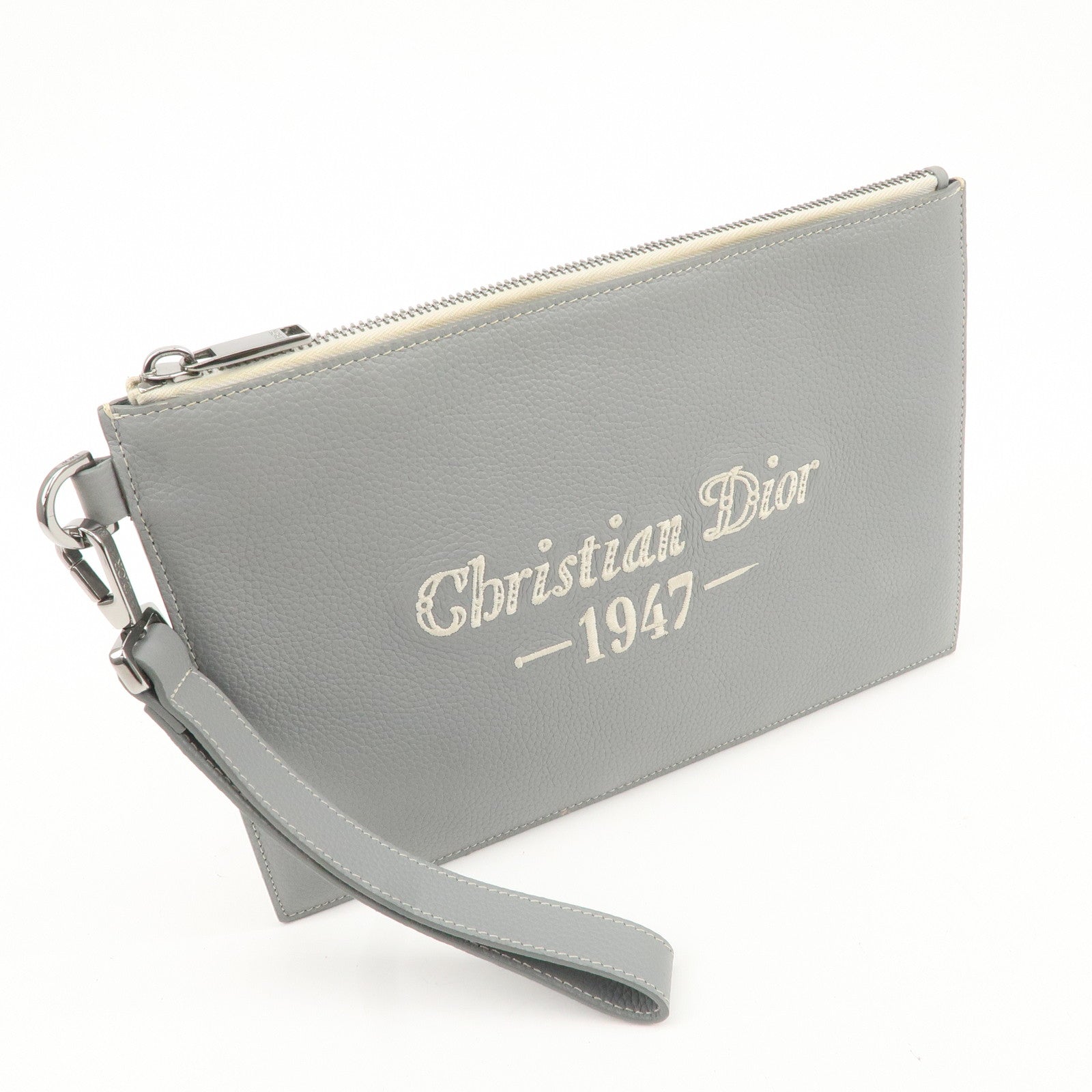 Christian Dior Leather CD 1947 Clutch Pouch Gray Used