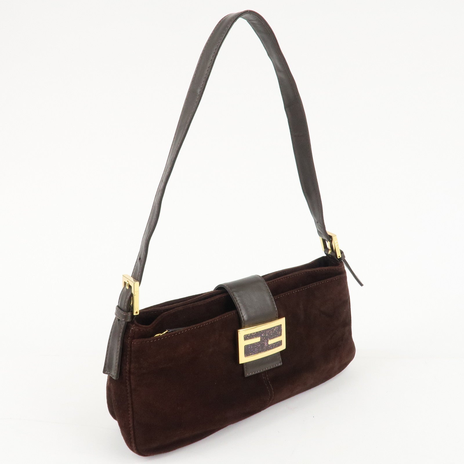 FENDI Suede Leather Shoulder Bag Dark Brown 26722