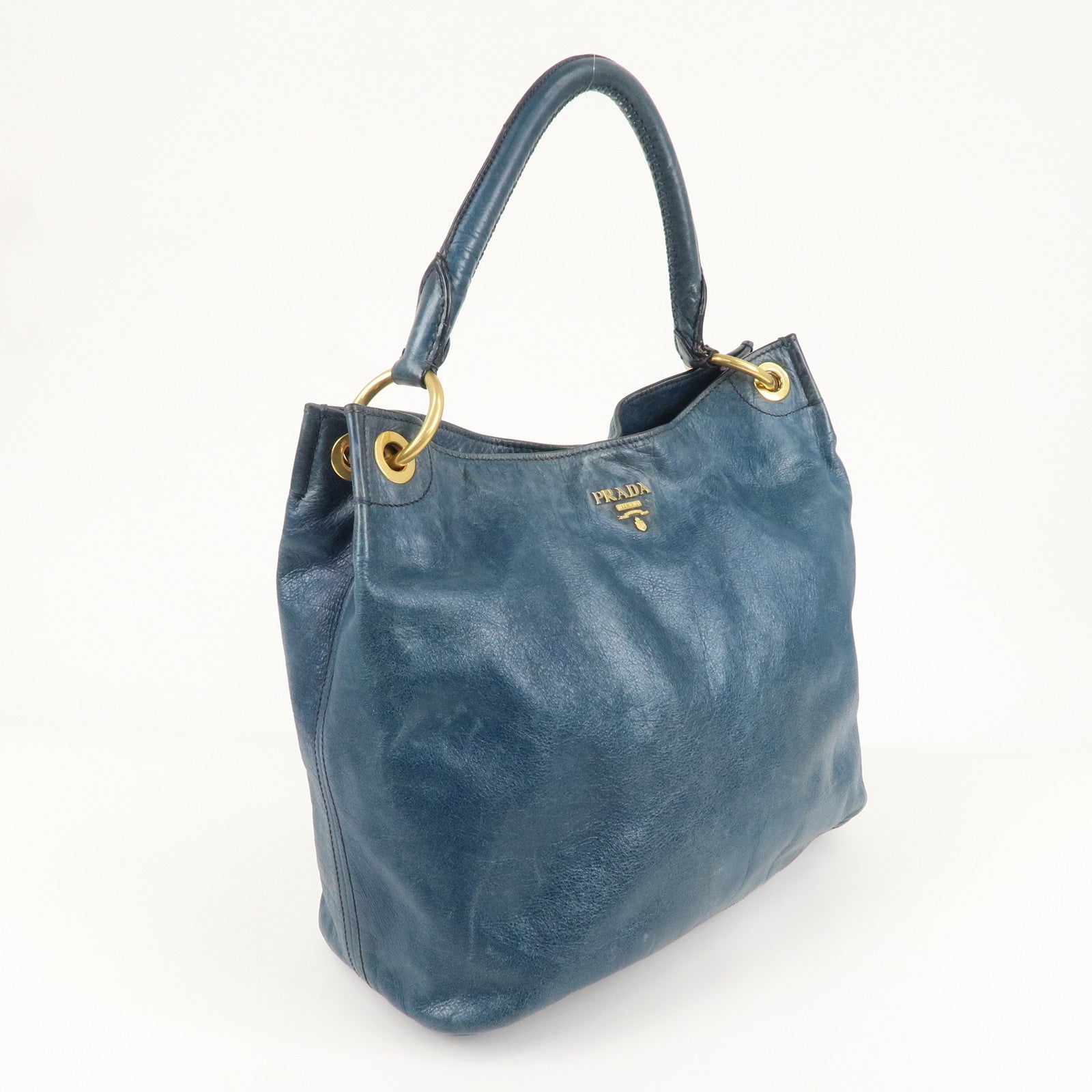 PRADA Logo Leather One Shoulder Bag Blue Gold Hardware BR4829