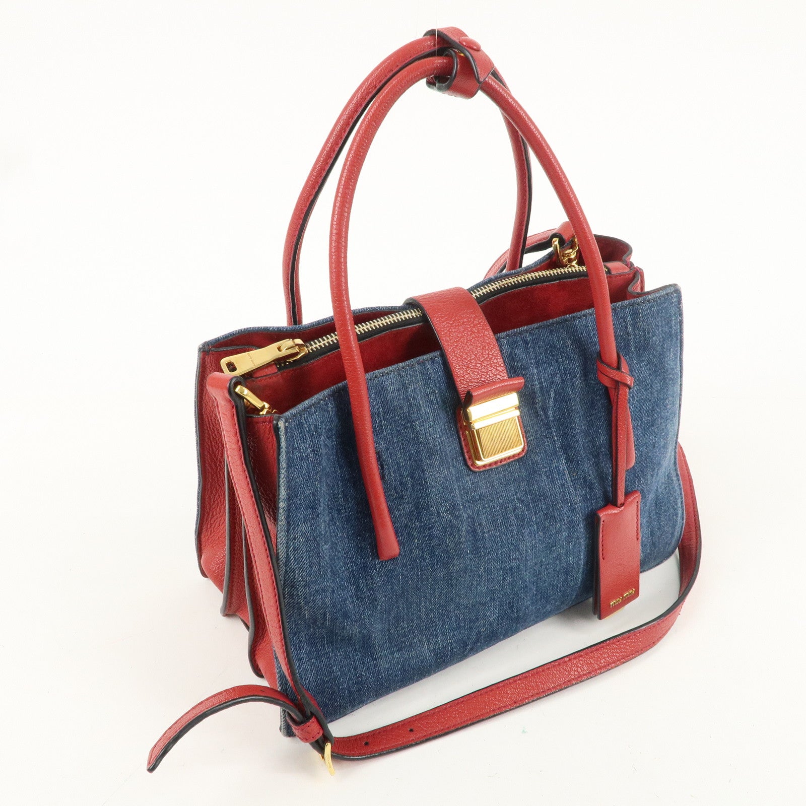 MIU MIU Denim Leather 2Way Tote Bag Shoulder Bag Blue Red