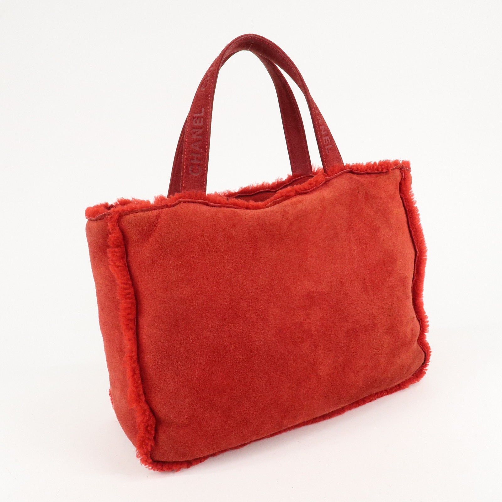 CHANEL Mouton Suede Tote Bag Hand Bag Shoulder Bag Red