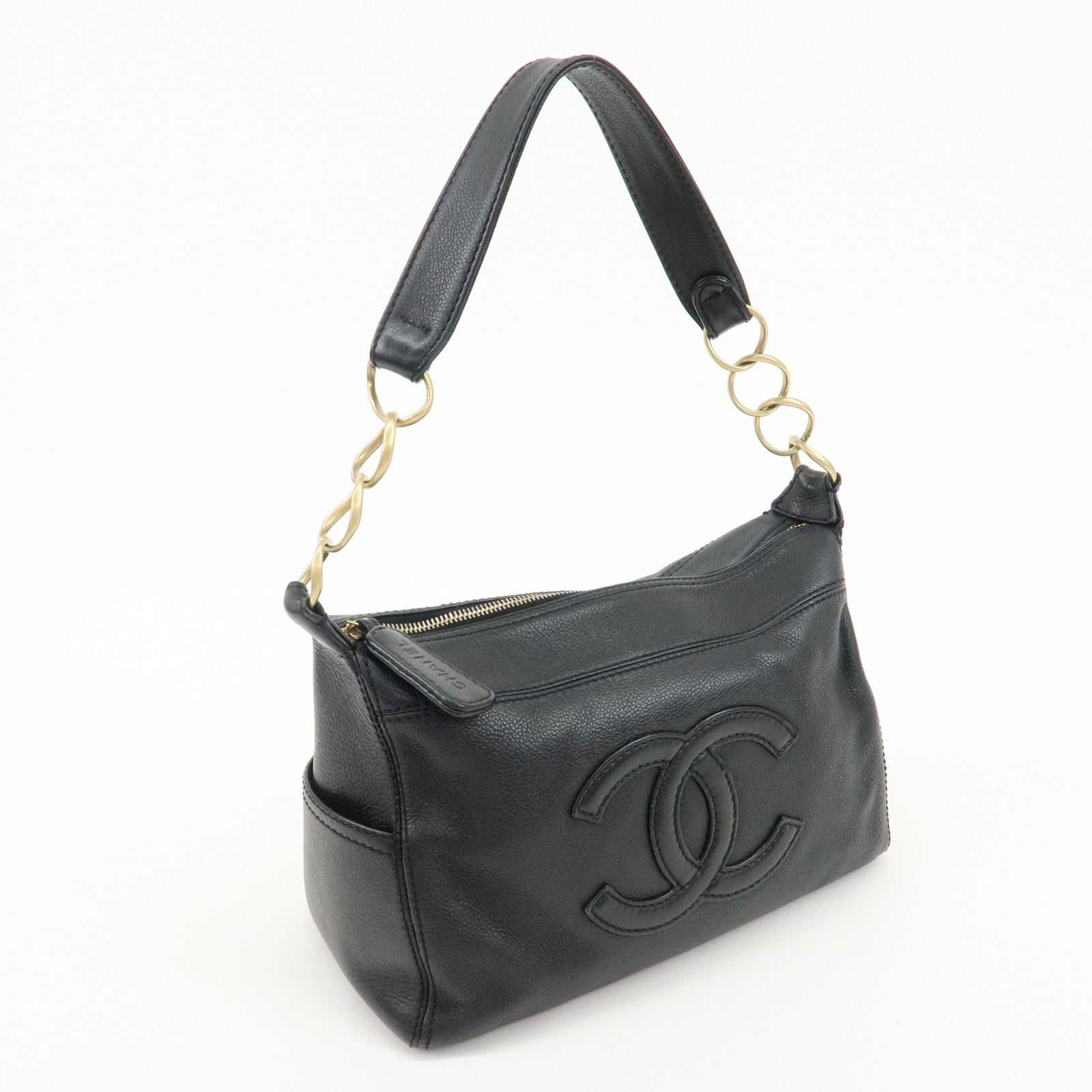 CHANEL Leather Coco Mark Shoulder Bag Hand Bag Black Used