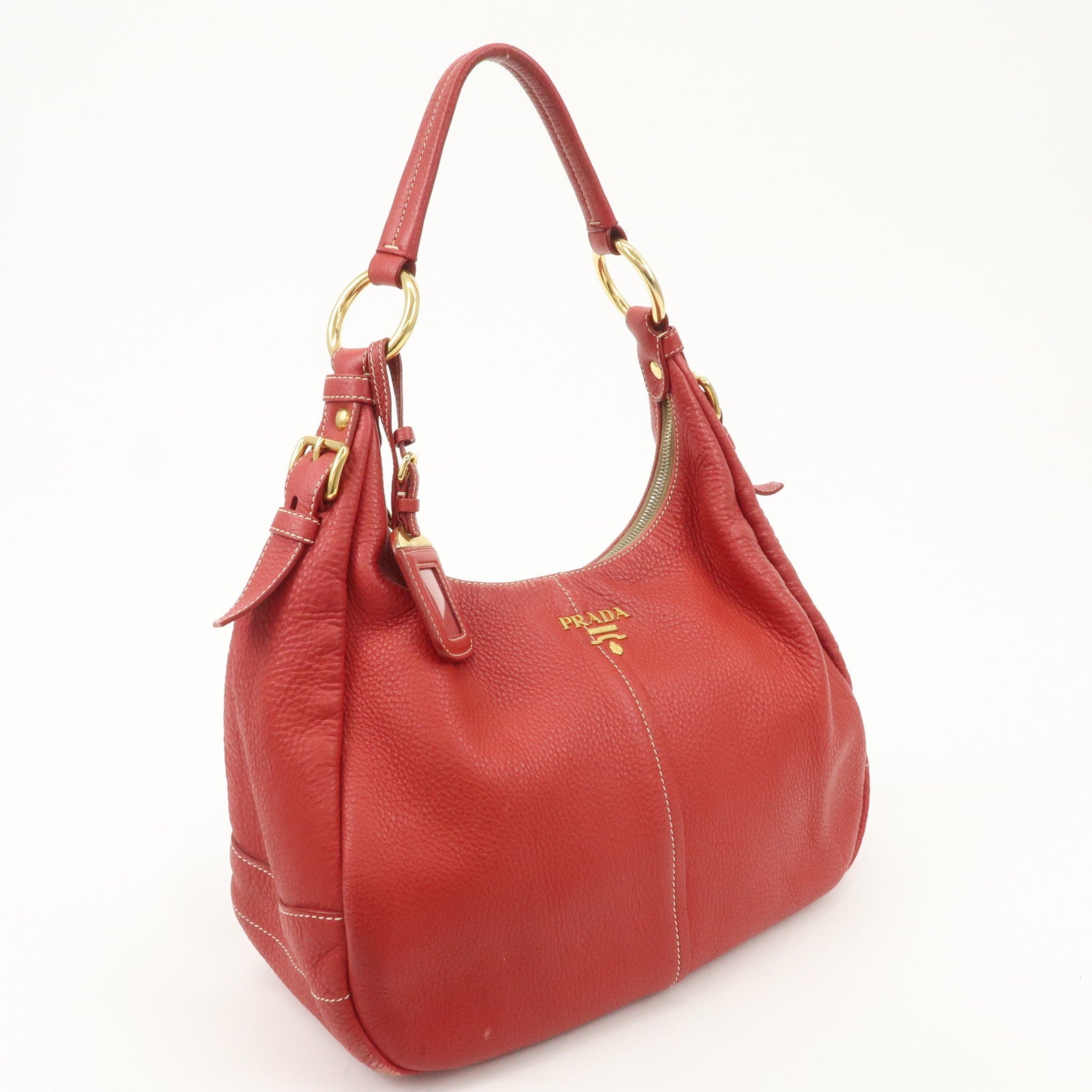 PRADA Logo Leather Shoulder Bag Hand Bag Red BR4373 Used