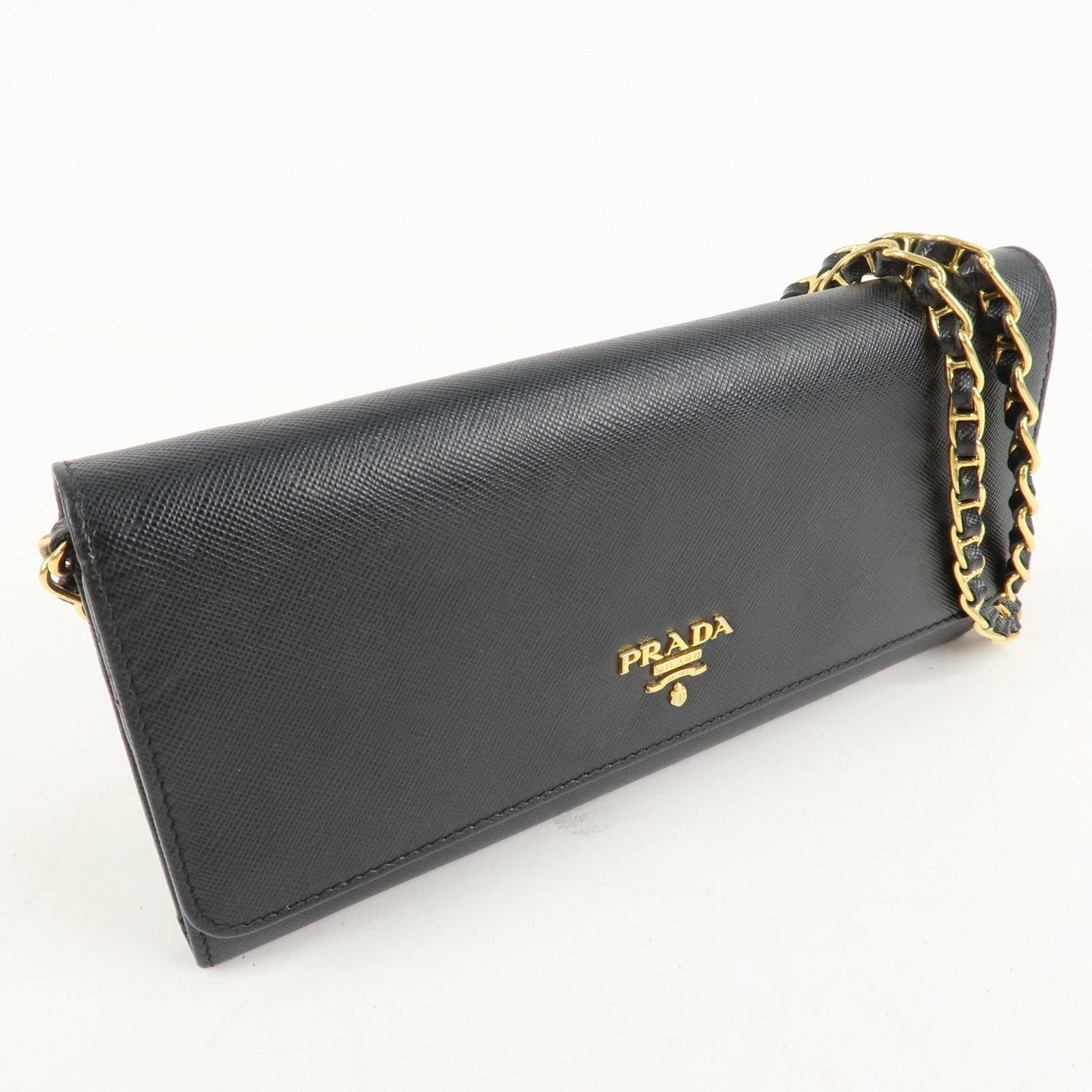 PRADA Saffiano Leather Chain Wallet Purse Black 1MT290