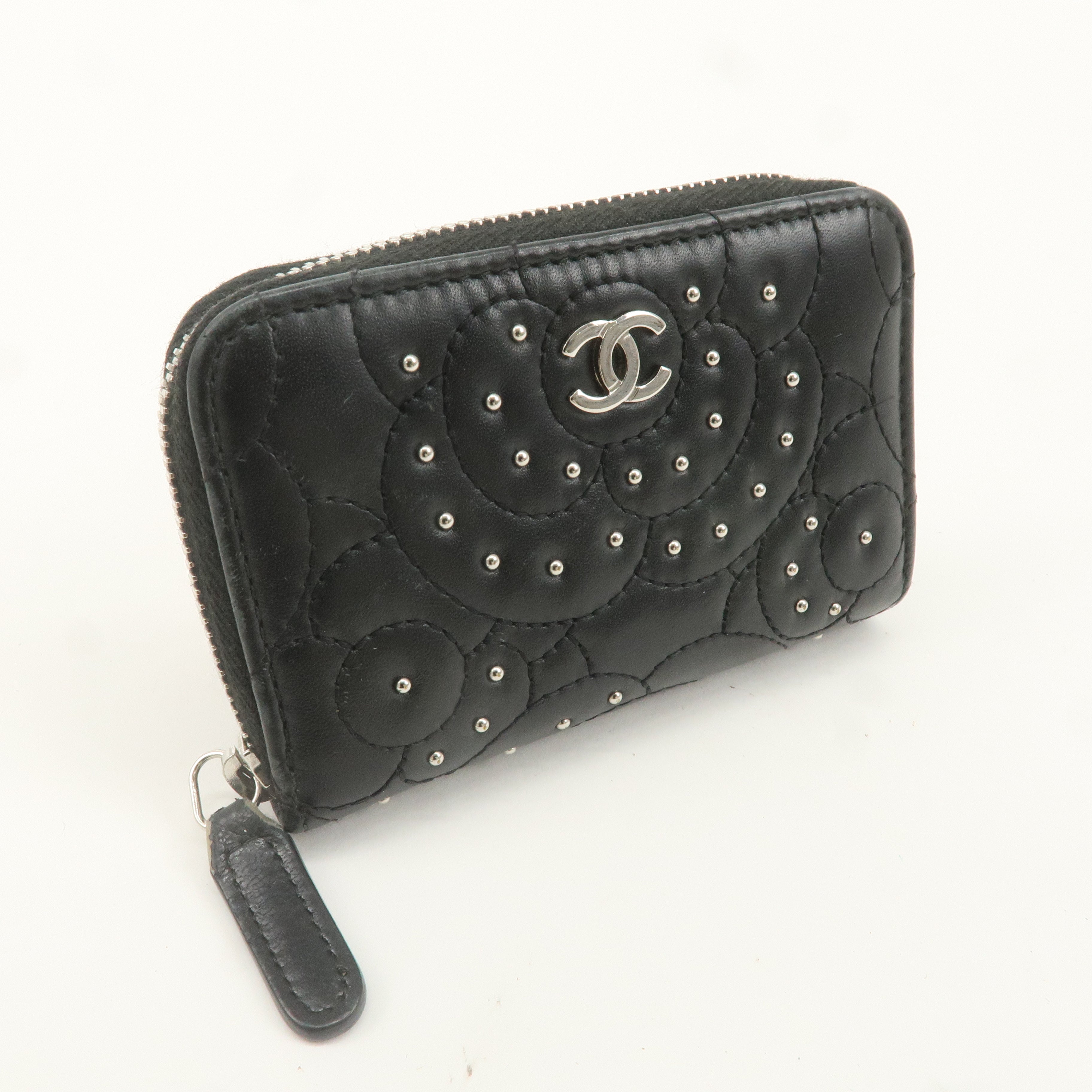 CHANEL Leather Camellia Coin Purse Coin Case Black