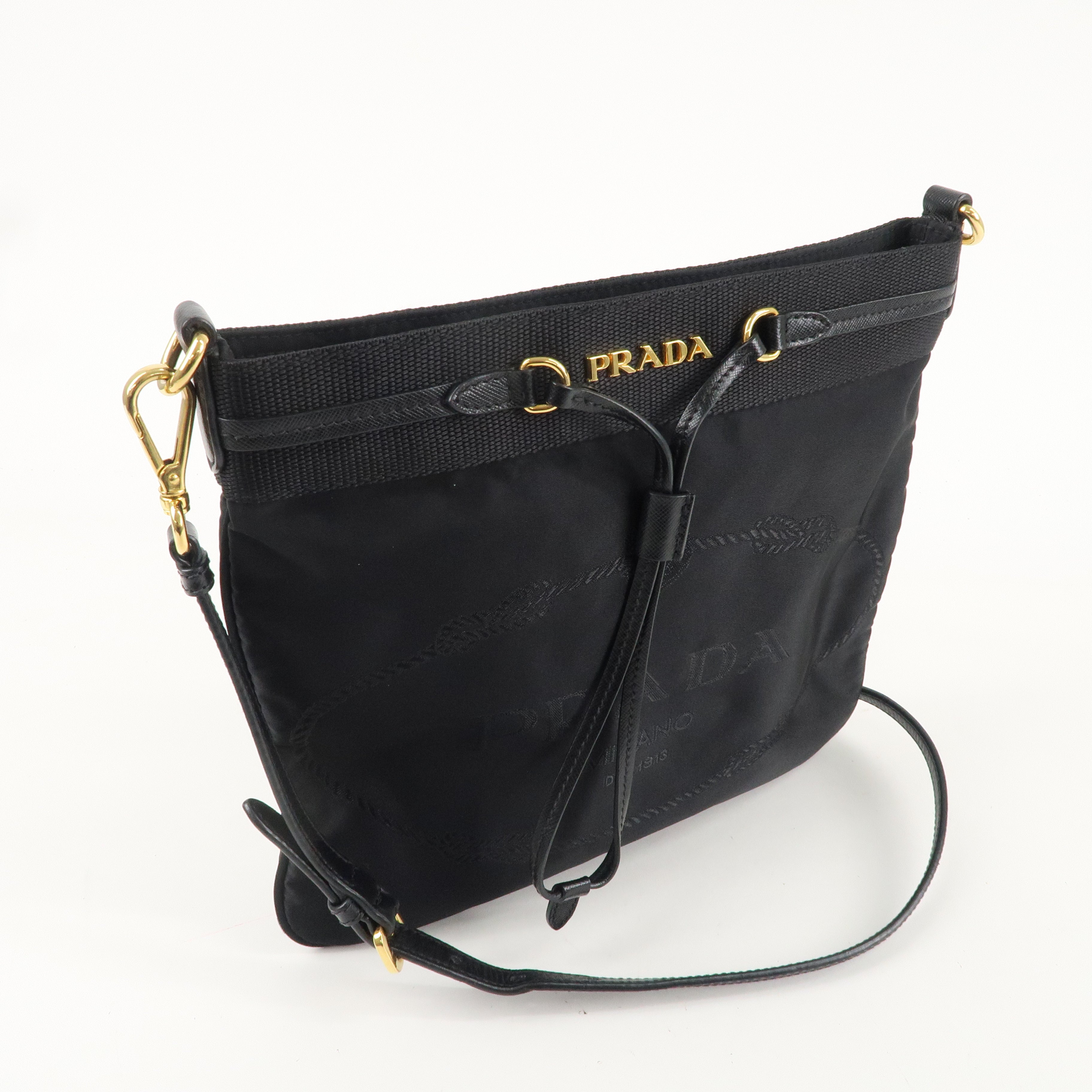 PRADA Logo Nylon Saffiano Leather Shoulder Bag Black