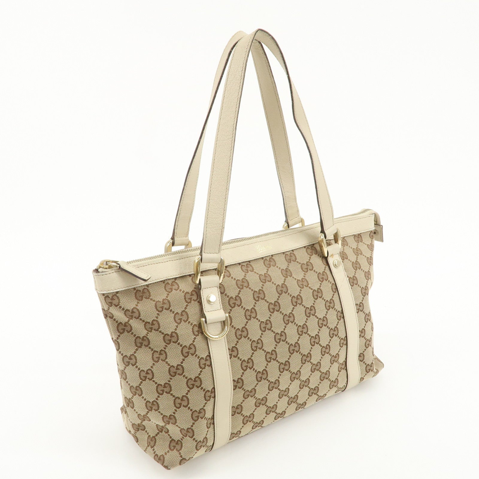 GUCCI GG Abbey Canvas Leather Tote Bag Beige White 1414170 Used