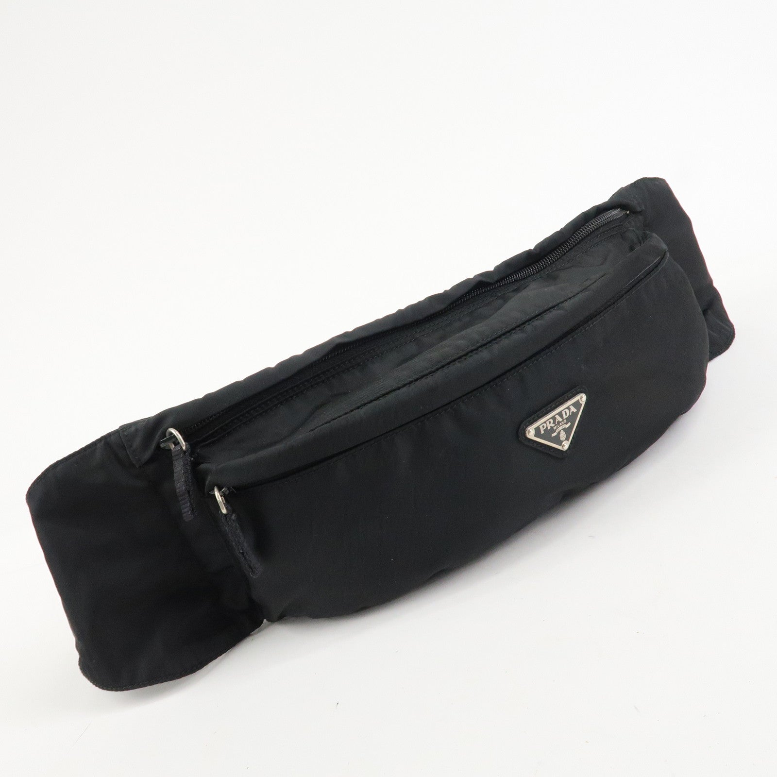 PRADA Nylon Triangle Logo Waist Bag Black Silver HDW Used