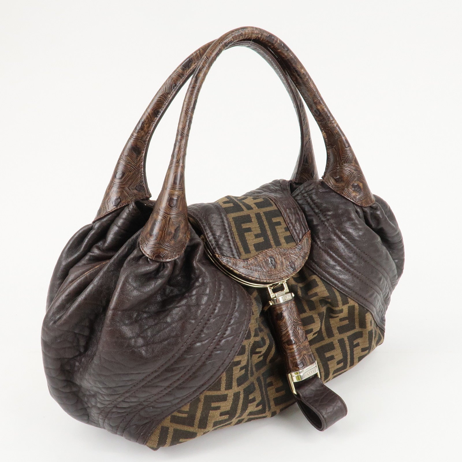 FENDI Zucca Canvas Leather Spy Bag Brown Black 8BR511