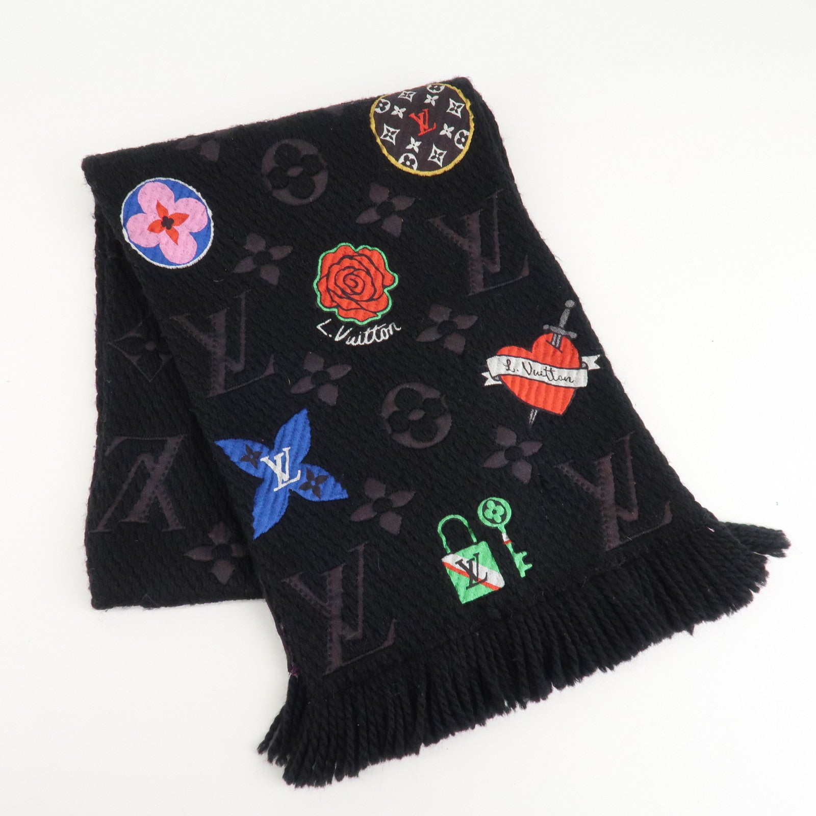 Louis Vuitton Escharpe Logo Mania Stories Scarf Black M71060 Used