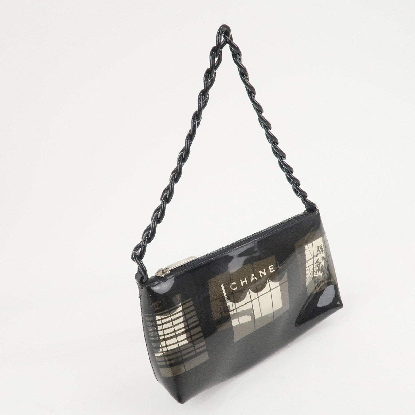 CHANEL Windows Line Vinyl Chain Shoulder Bag Black 8048946 Used