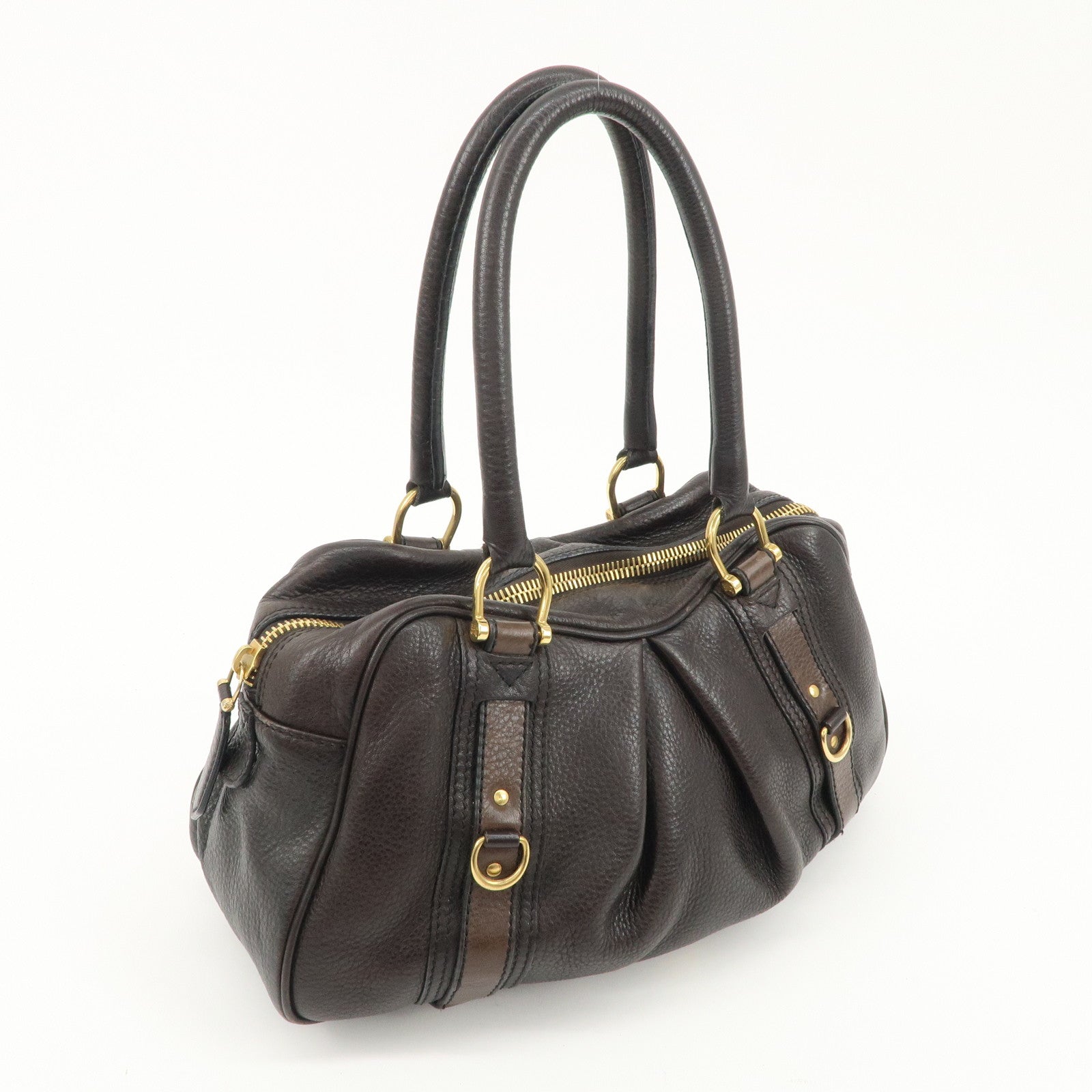 BURBERRY Leather Boston Bag Hand Bag Dark Brown