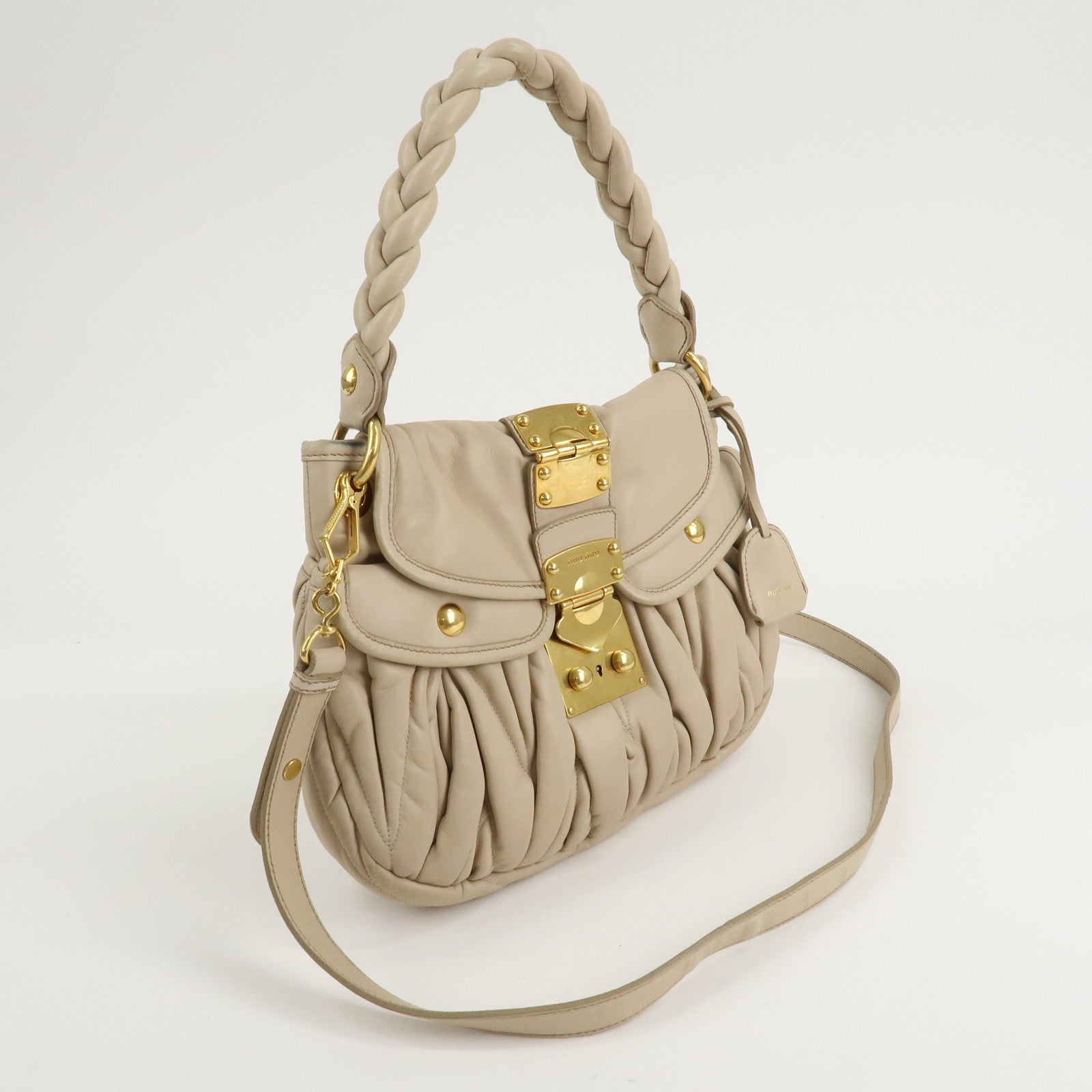 MIU MIU Leather 2Way Shoulder Bag Hand Bag Beige RR1358 Used