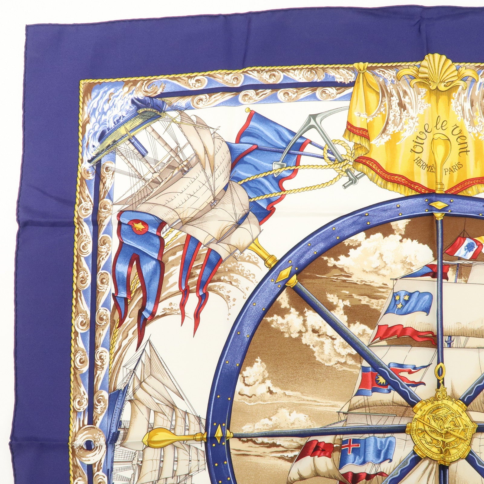 HERMES Carre 90 Silk 100% Scarf Vive levent Navy White Gold