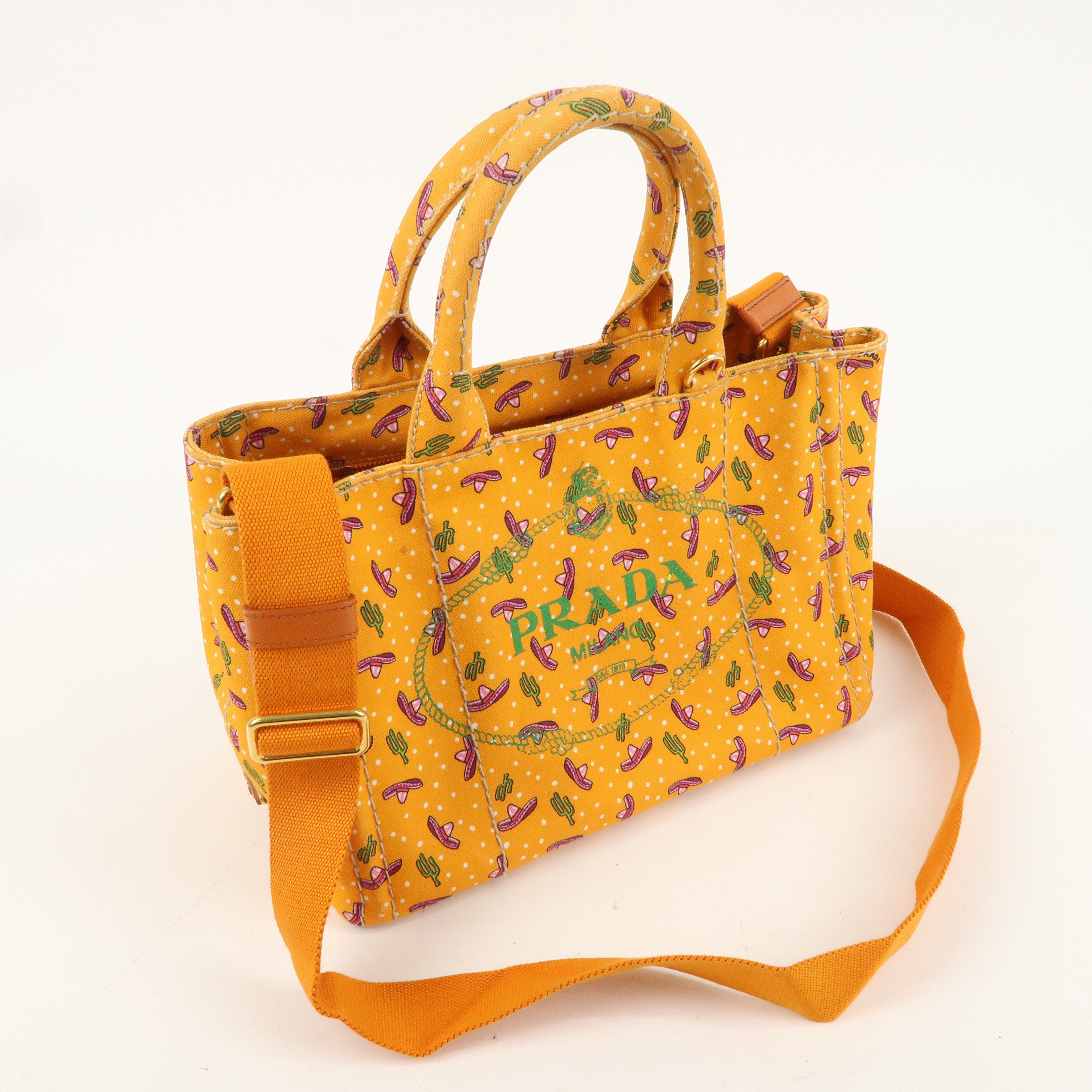 PRADA Canapa Mini Canvas 2Way Bag Cactus Pattern Orange 1BG439