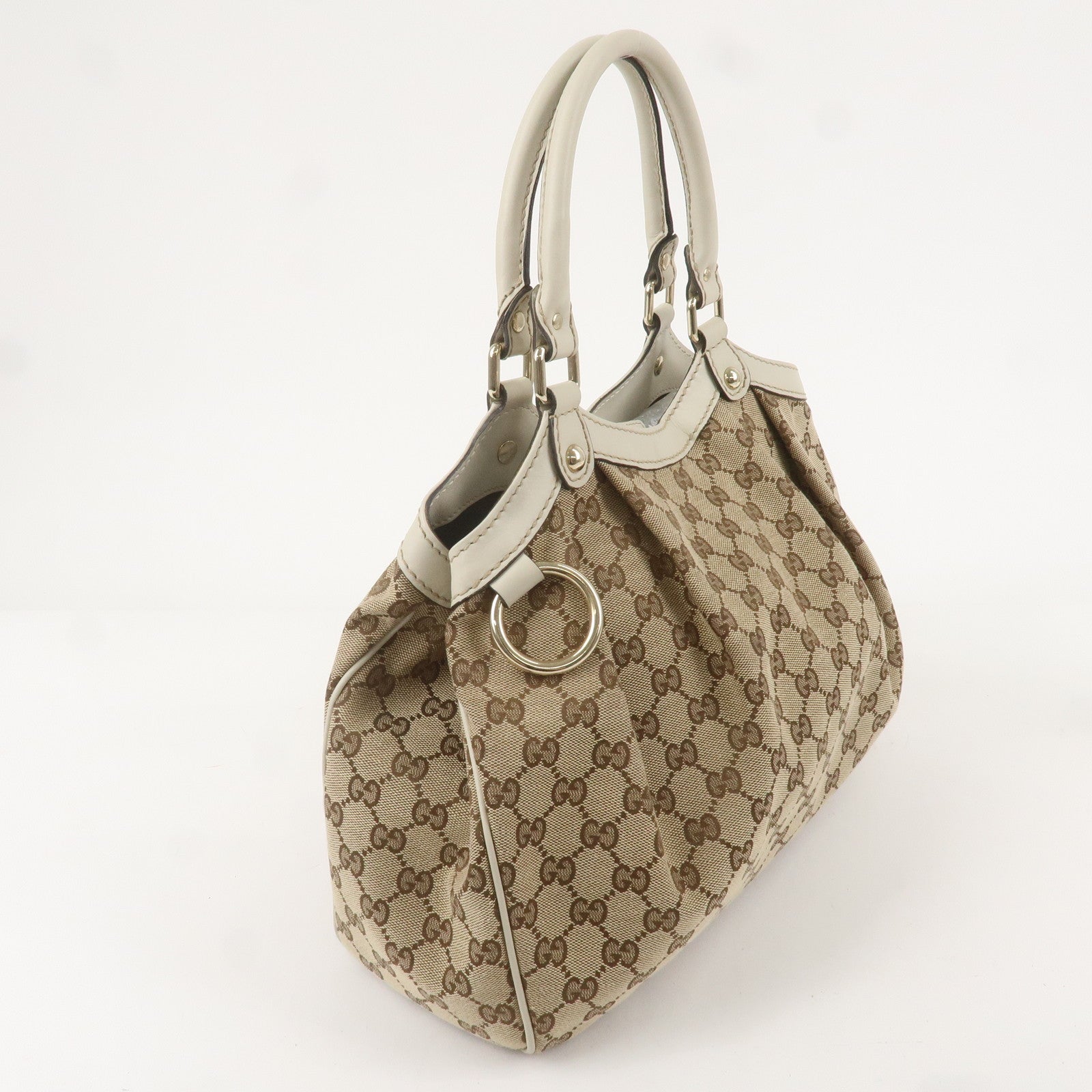 GUCCI Sukey GG Canvas Leather Tote Bag Beige Ivory 211944