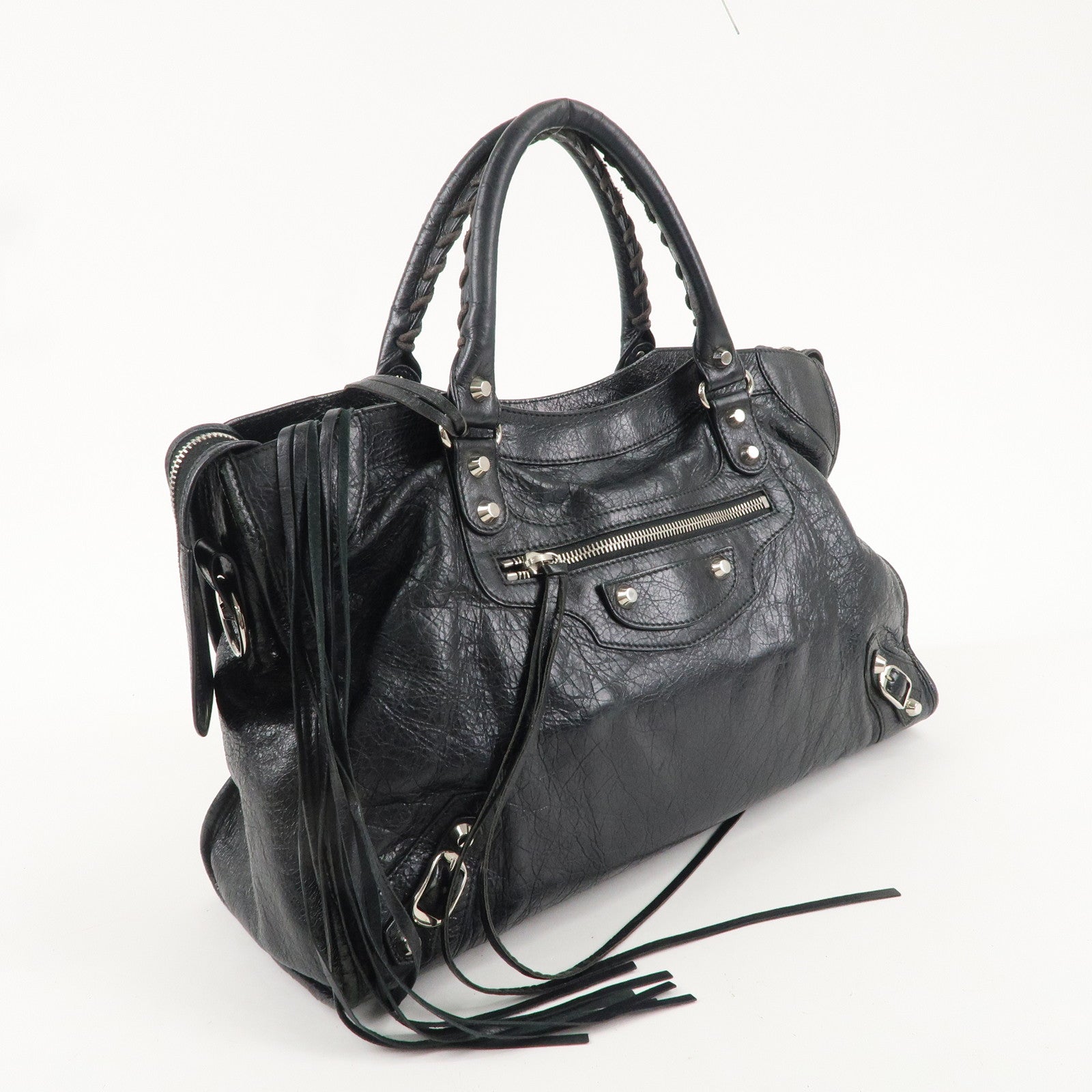 BALENCIAGA Leather The City Hand Bag Black 115748