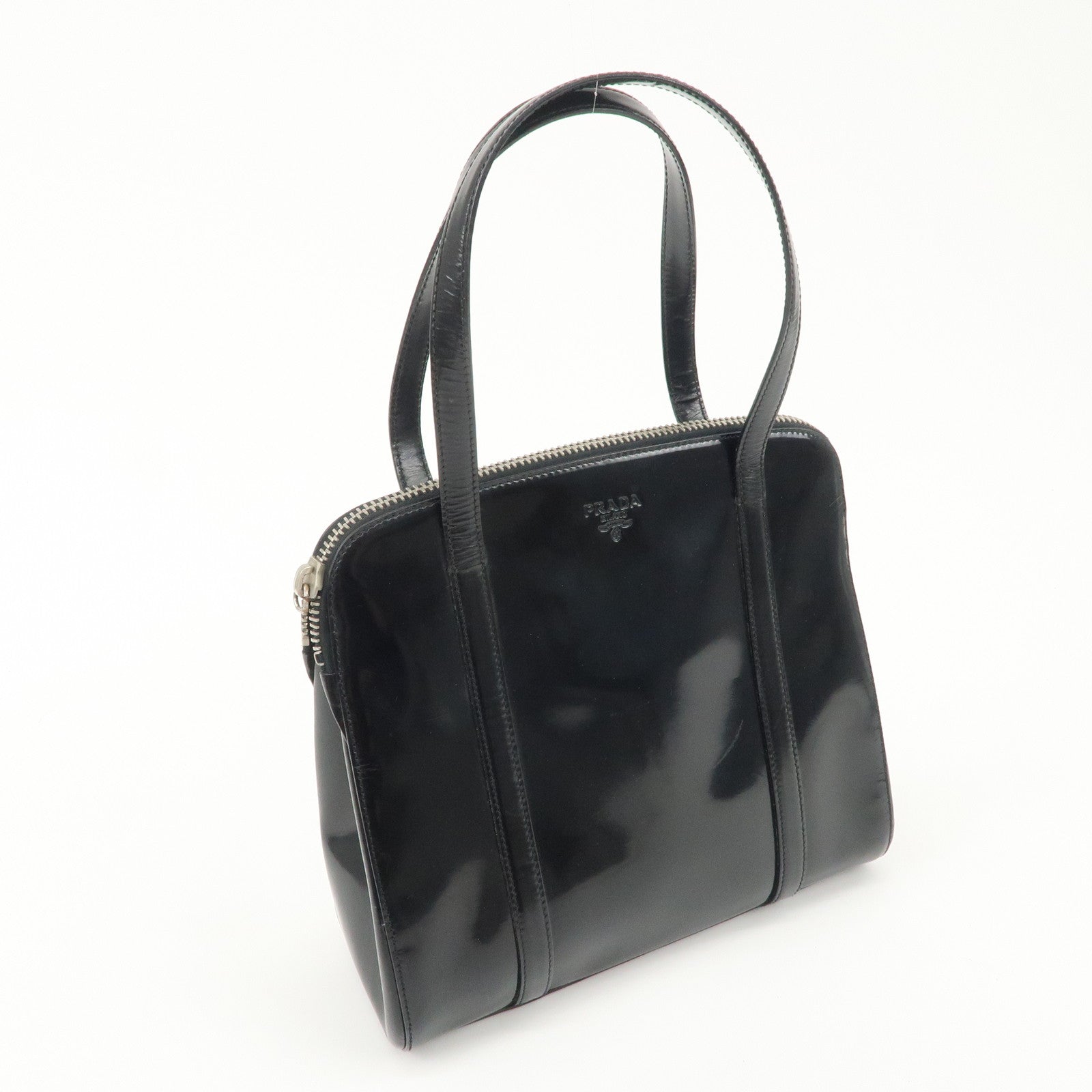 PRADA Patent Leather Tote Bag Hand Bag Black Silver HDW Used