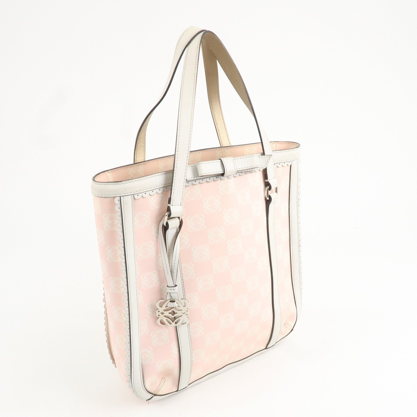 LOEWE Anagram PVC Leather Tote Bag Hand Bag Pink Ivory Ribbon