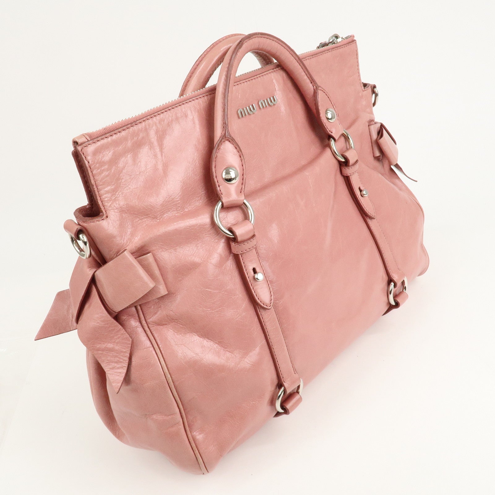 MIU MIU Leather Ribbon 2Way Shoulder Bag Hand Bag Pink RT0365 Used