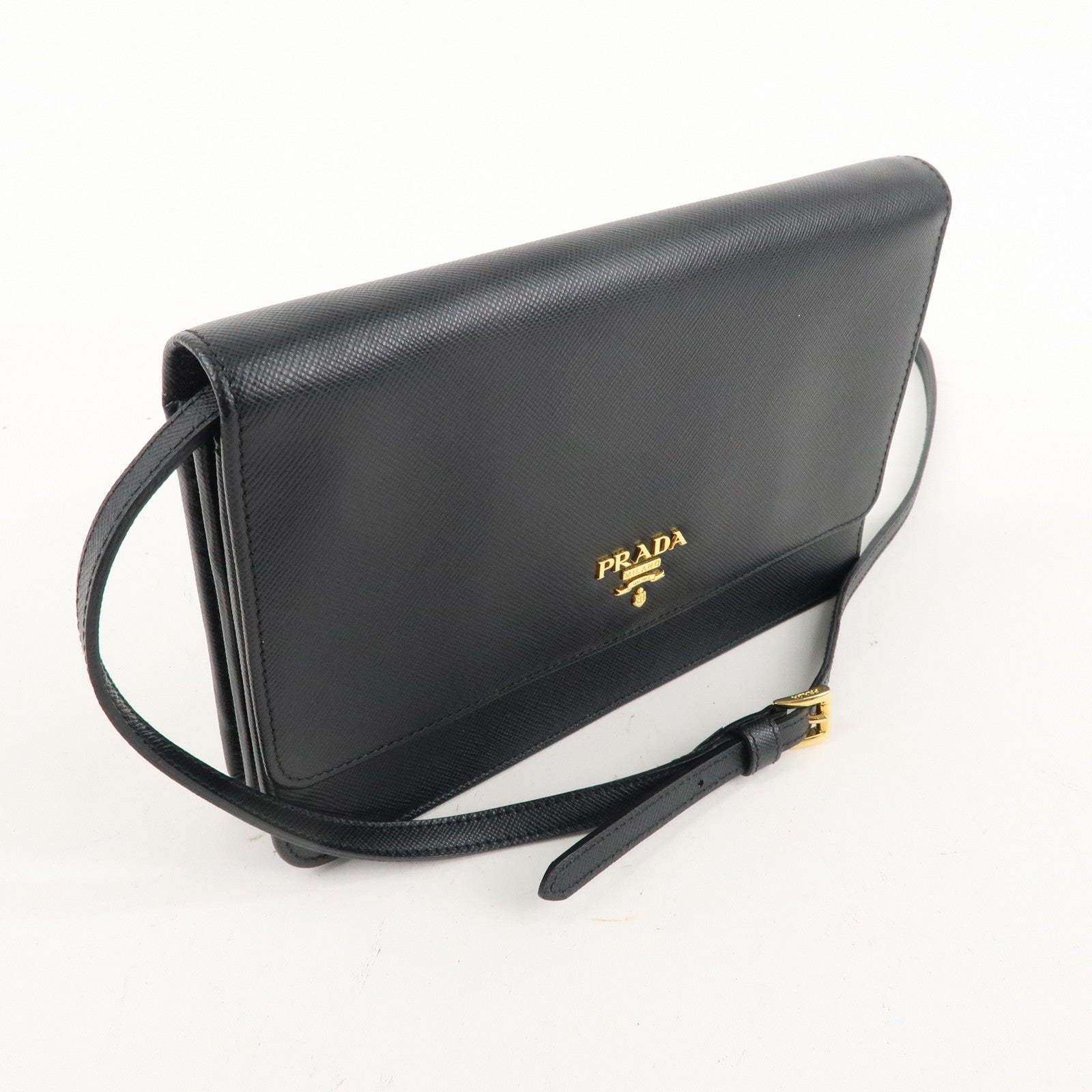 PRADA Saffiano Leather Shoulder Cross Body Wallet NERO Black