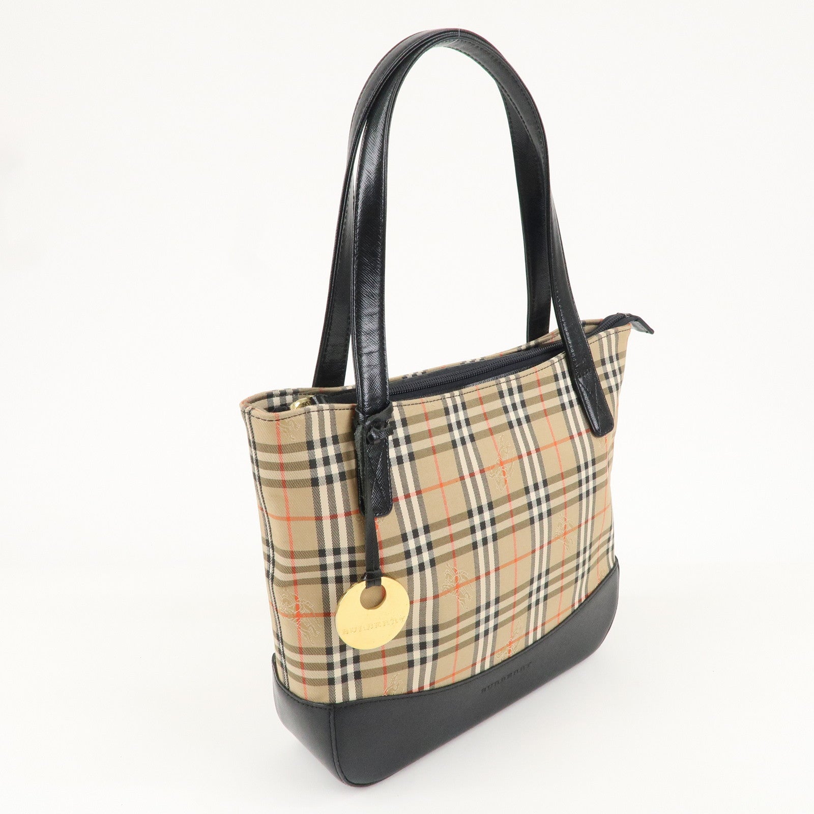 BURBERRY Canvas Leather Nova Plaid Tote Hand Bag Beige Black