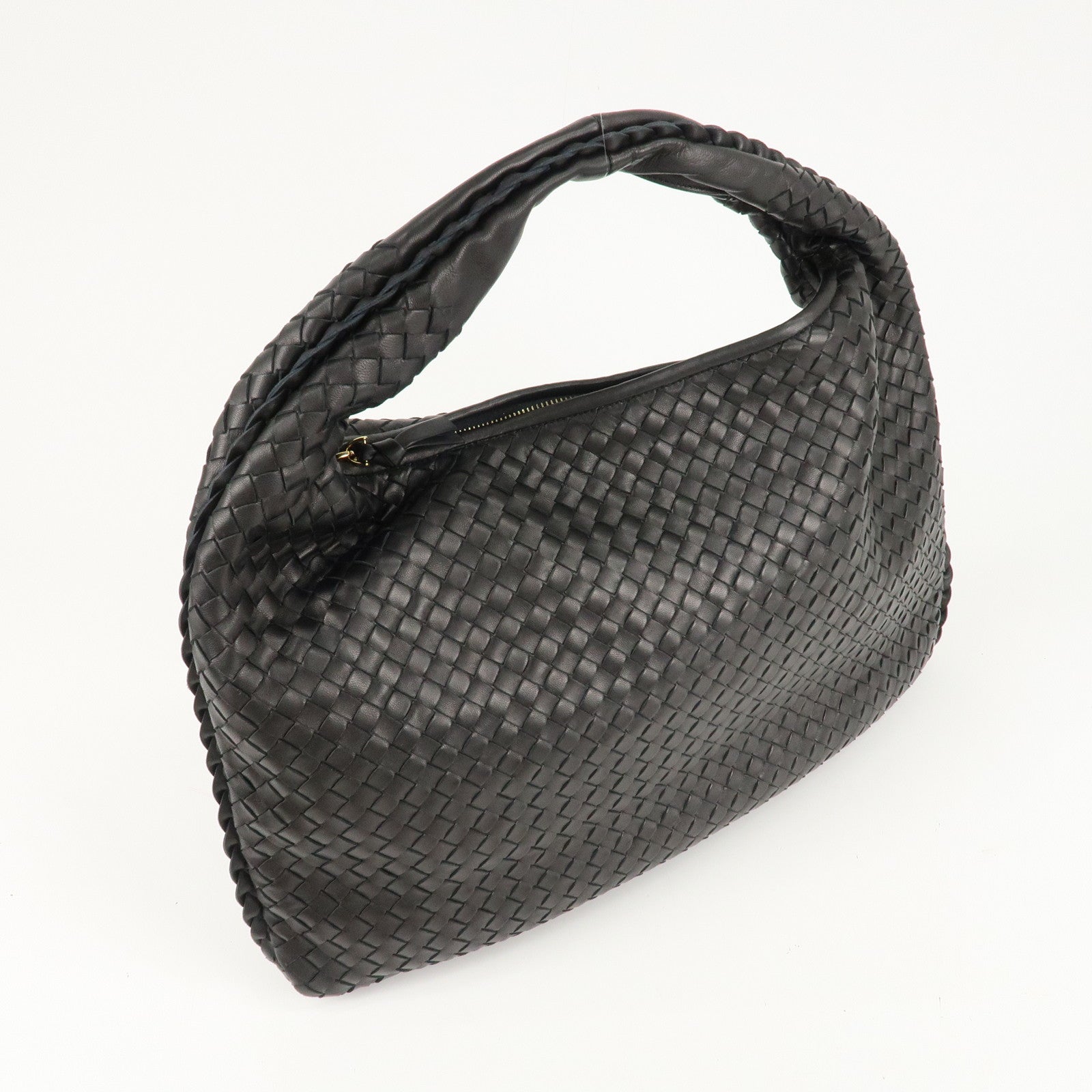 BOTTEGA VENETA Hobo Intrecciato Leather Shoulder Bag Black 115654