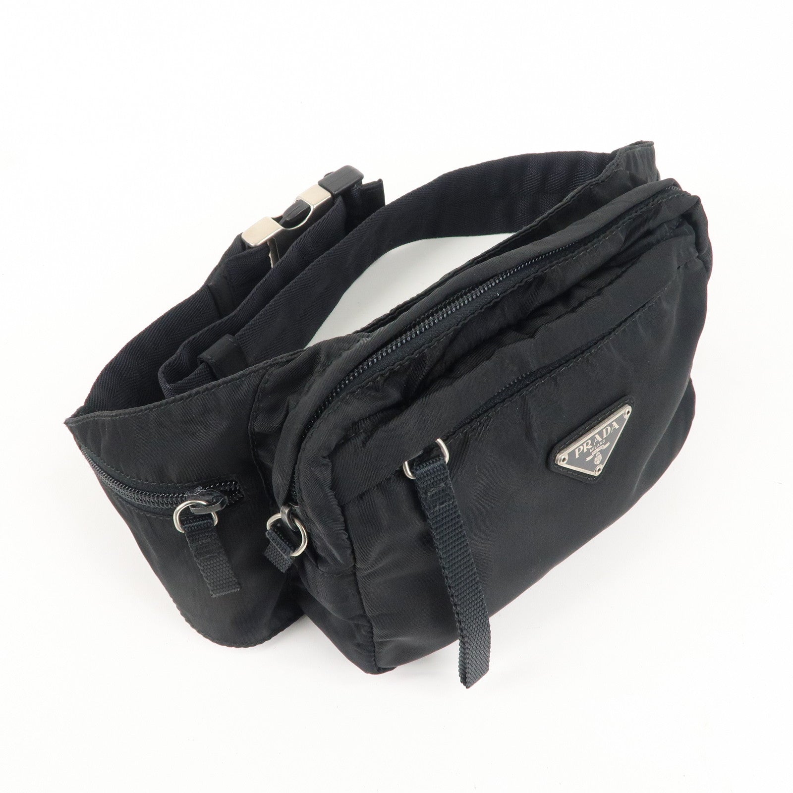 PRADA Nylon Leather Waist Bag Back Silver Hardware