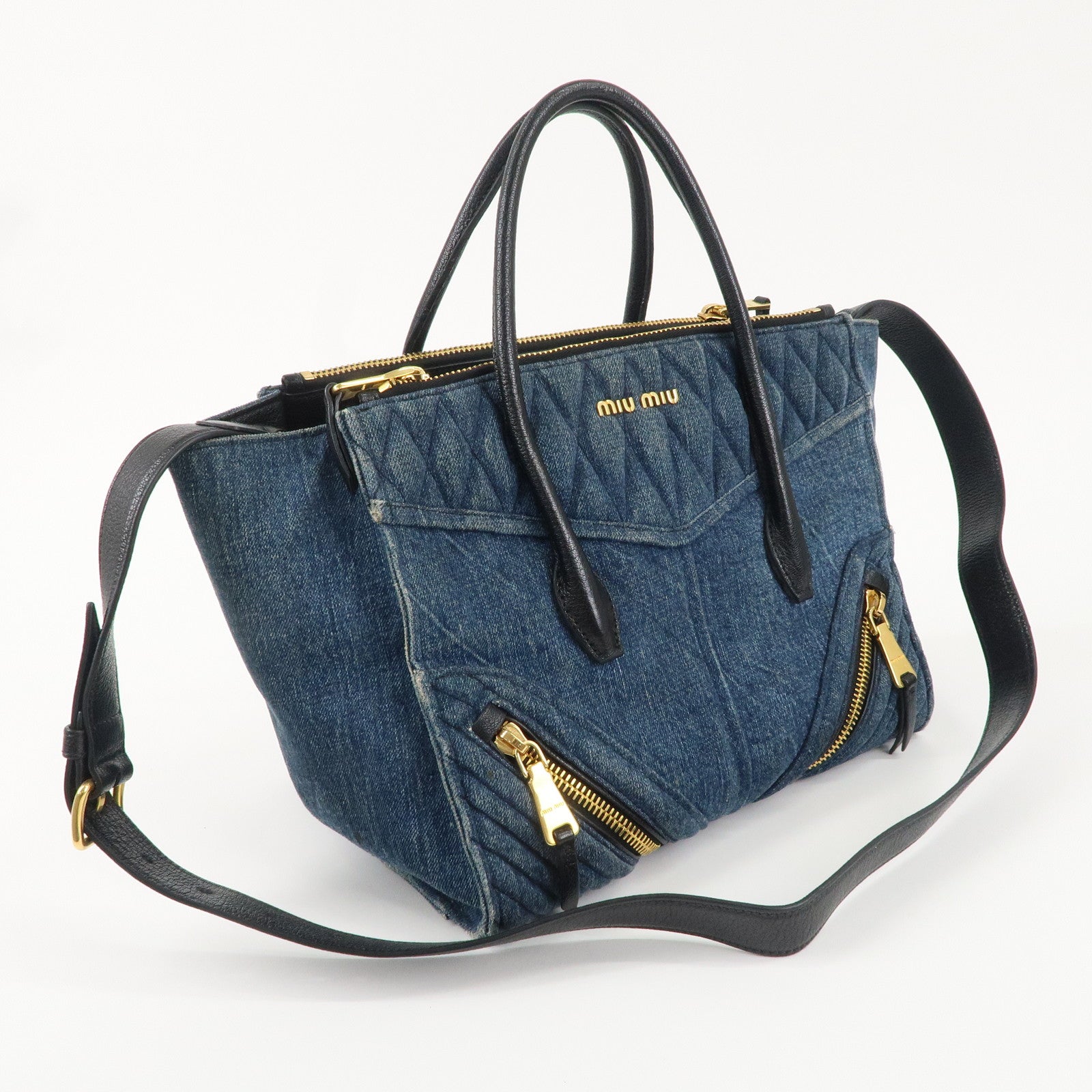 MIU MIU Denim Leather Biker 2WAY Bag Blue Black RN1031