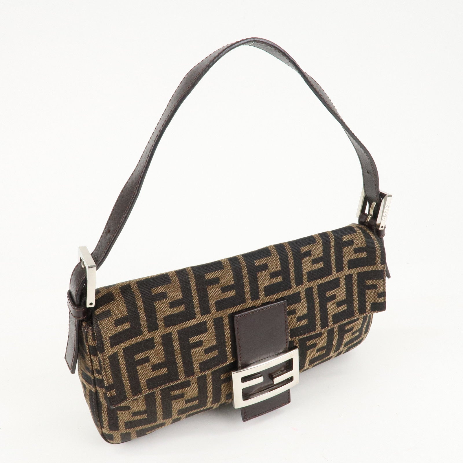 FENDI Mamma Baguette Zucca Canvas Shoulder Bag Brown Black 26424