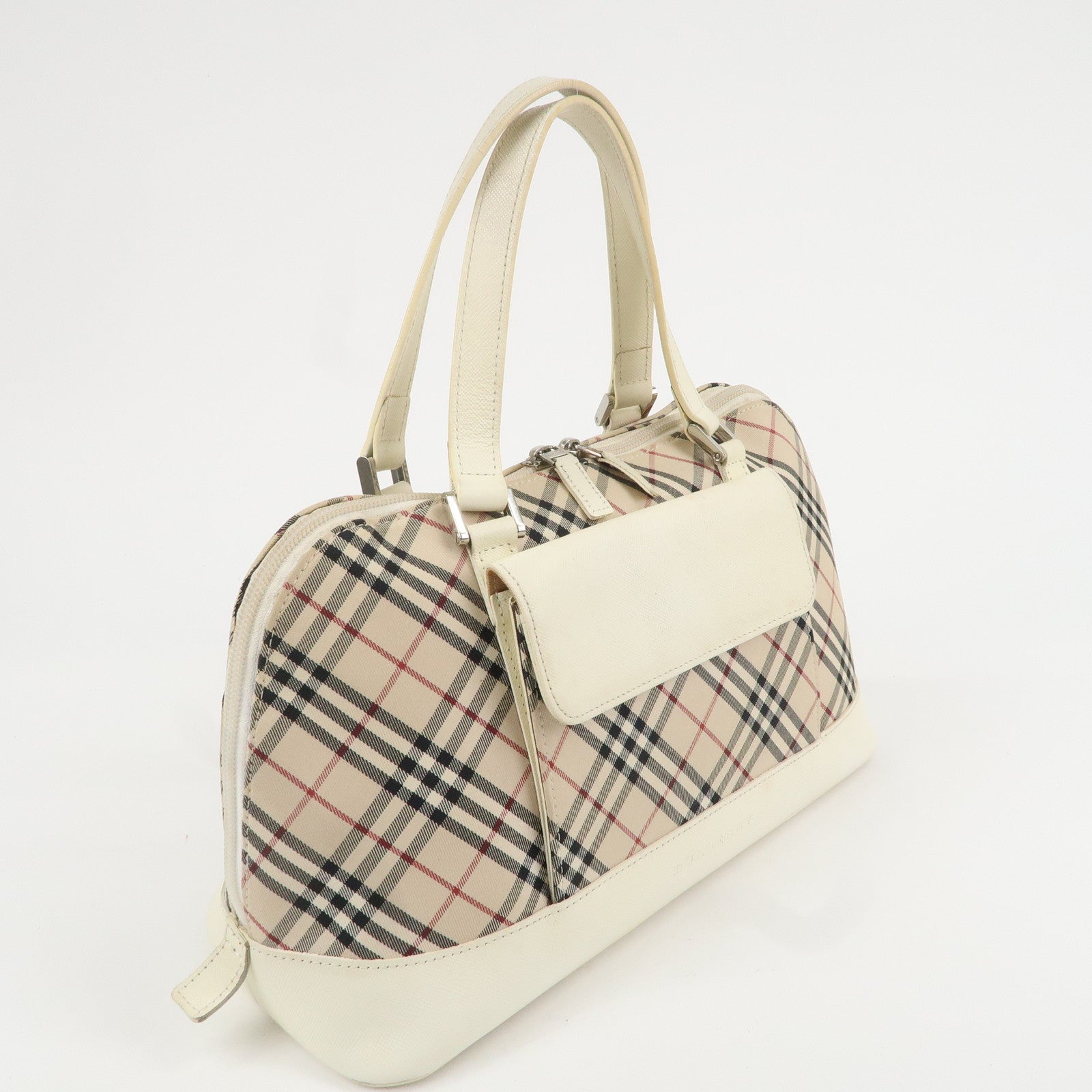 BURBERRY  Nova Plaid Canvas Leather Boston Bag Hand Bag