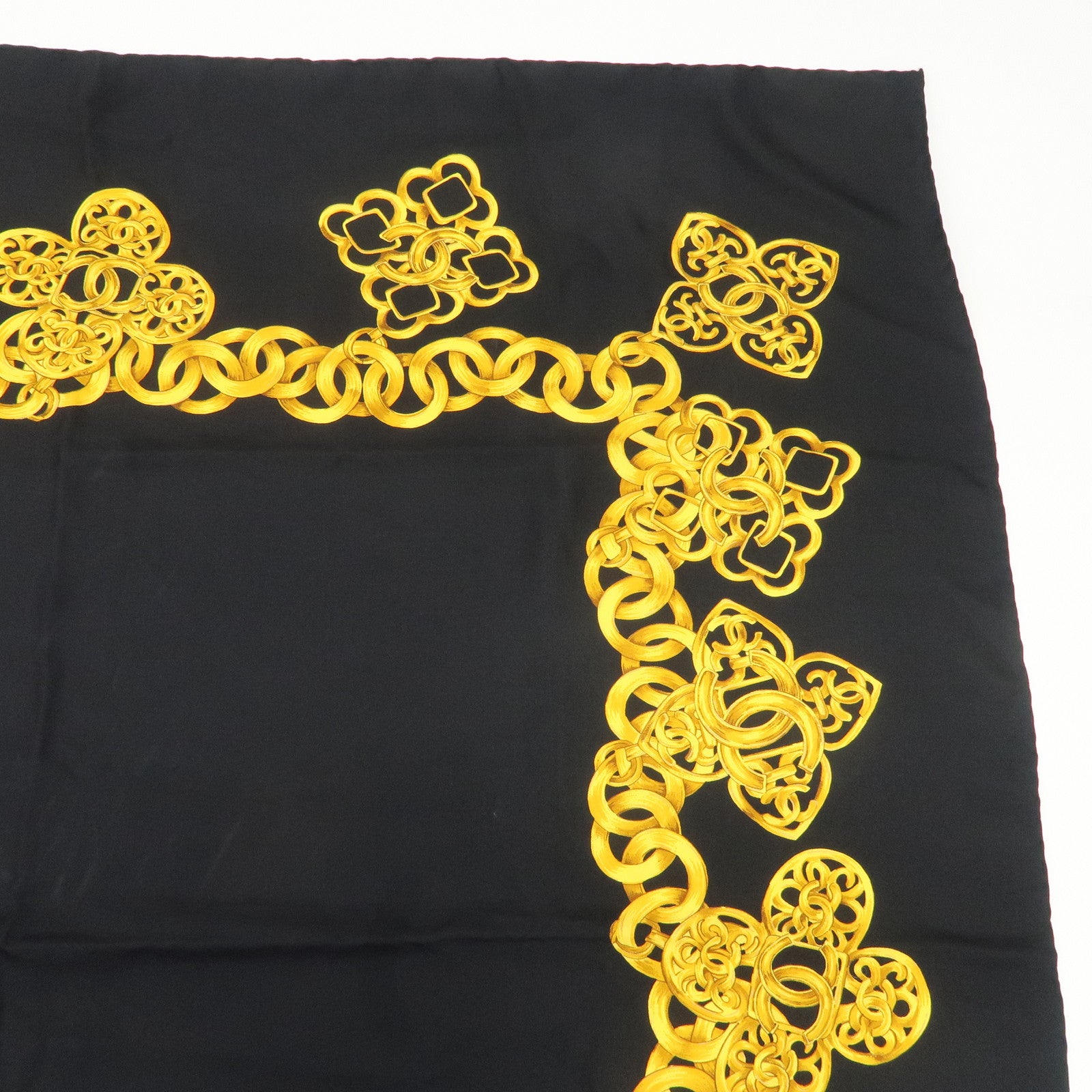 CHANEL Silk 100% Scarf 90×90 Black Gold Used