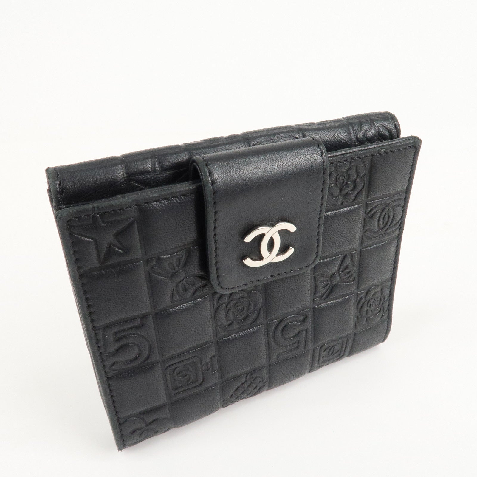 CHANEL Icon Line Lamb Skin W Flap Bi-fold Wallet Black A24212