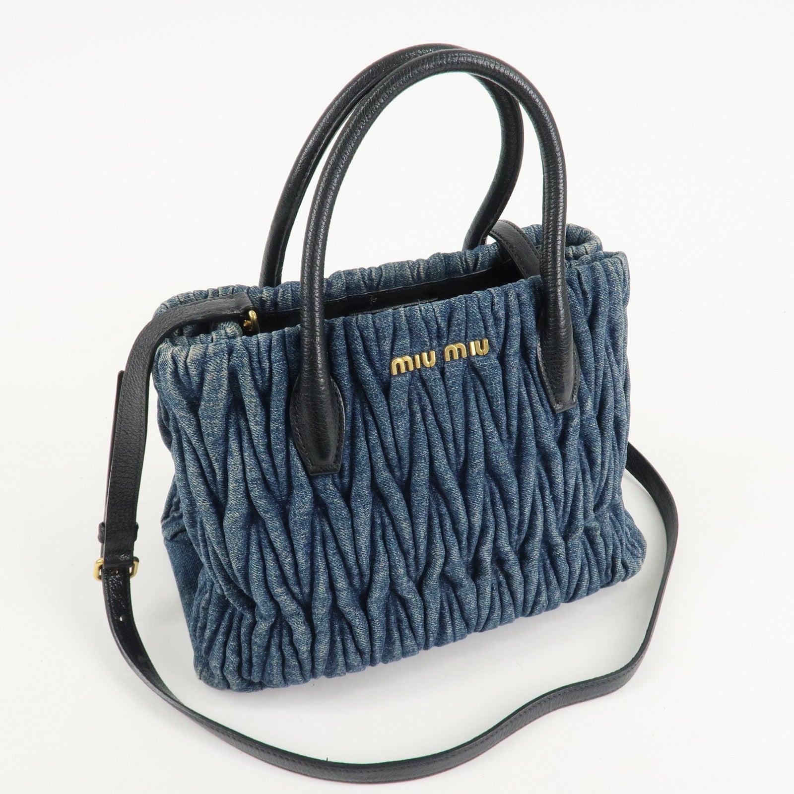 MIU MIU Matelasse Denim Leather 2Way Bag Hand Bag Blue Black