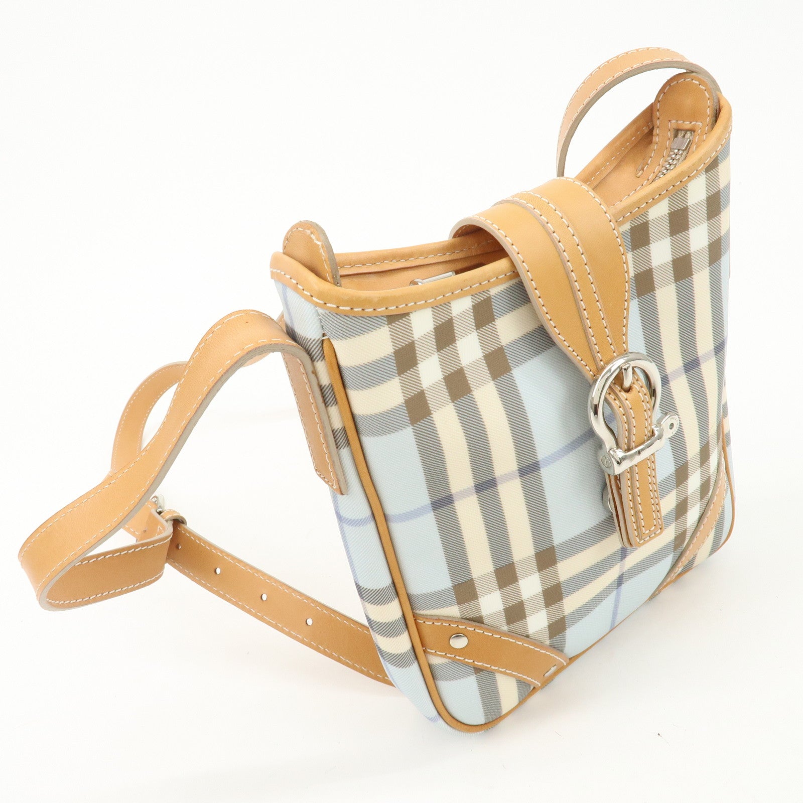 BURBERRY PVC Leather Nova Plaid Shoulder Bag Hand Bag Beige Blue