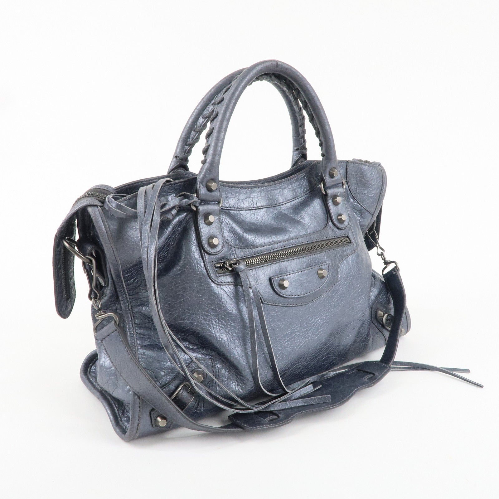 BALENCIAGA The City Leather 2Way Hand Bag Metallic Blue 115748