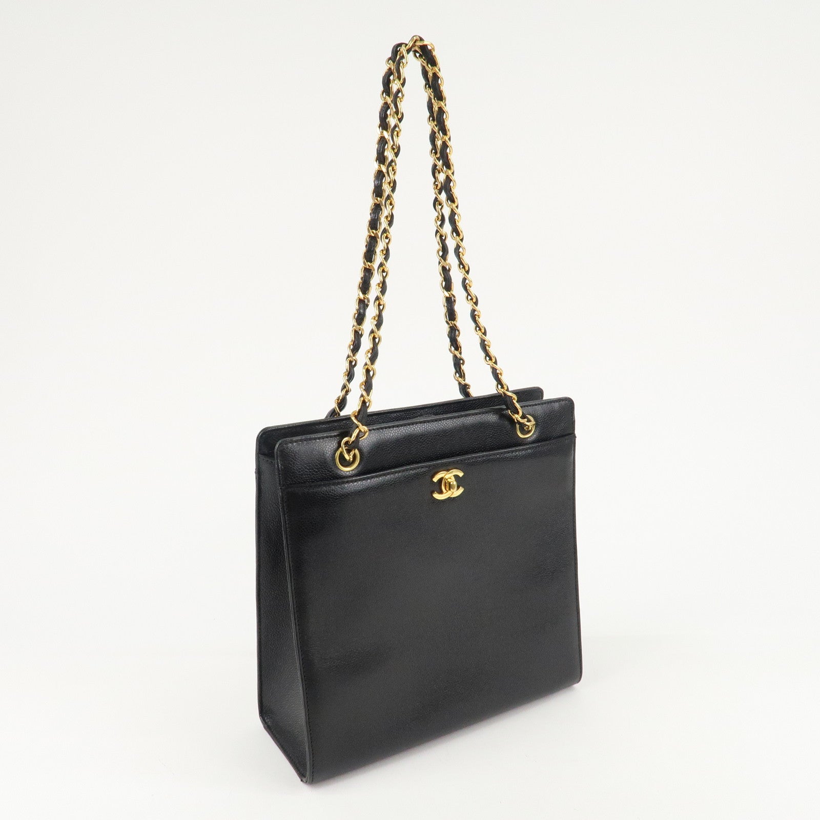 CHANEL COCO Mark Caviar Skin Chain Tote Bag Black Gold