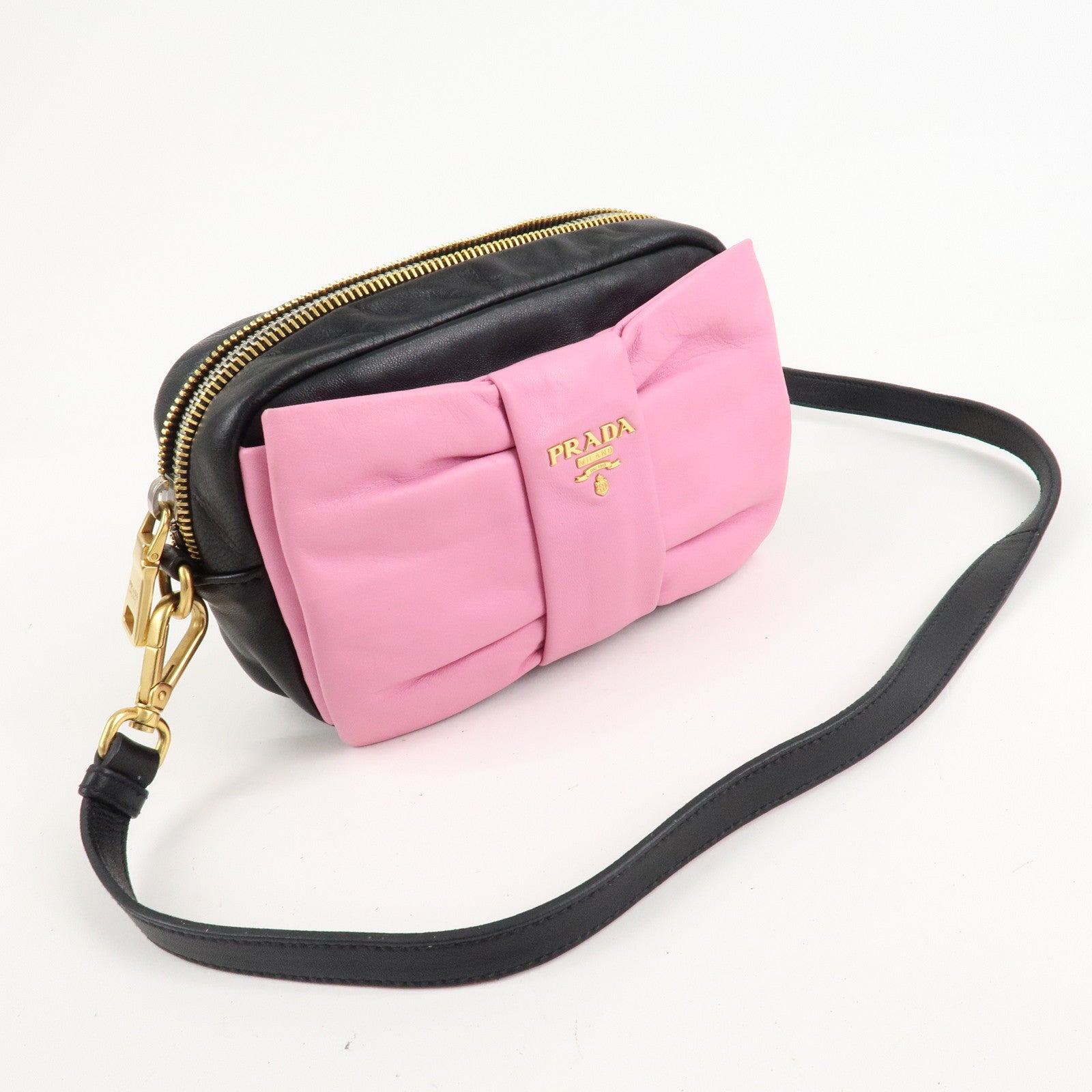 PRADA Logo Leather Ribbon Shoulder Bag Pink Black BP0166