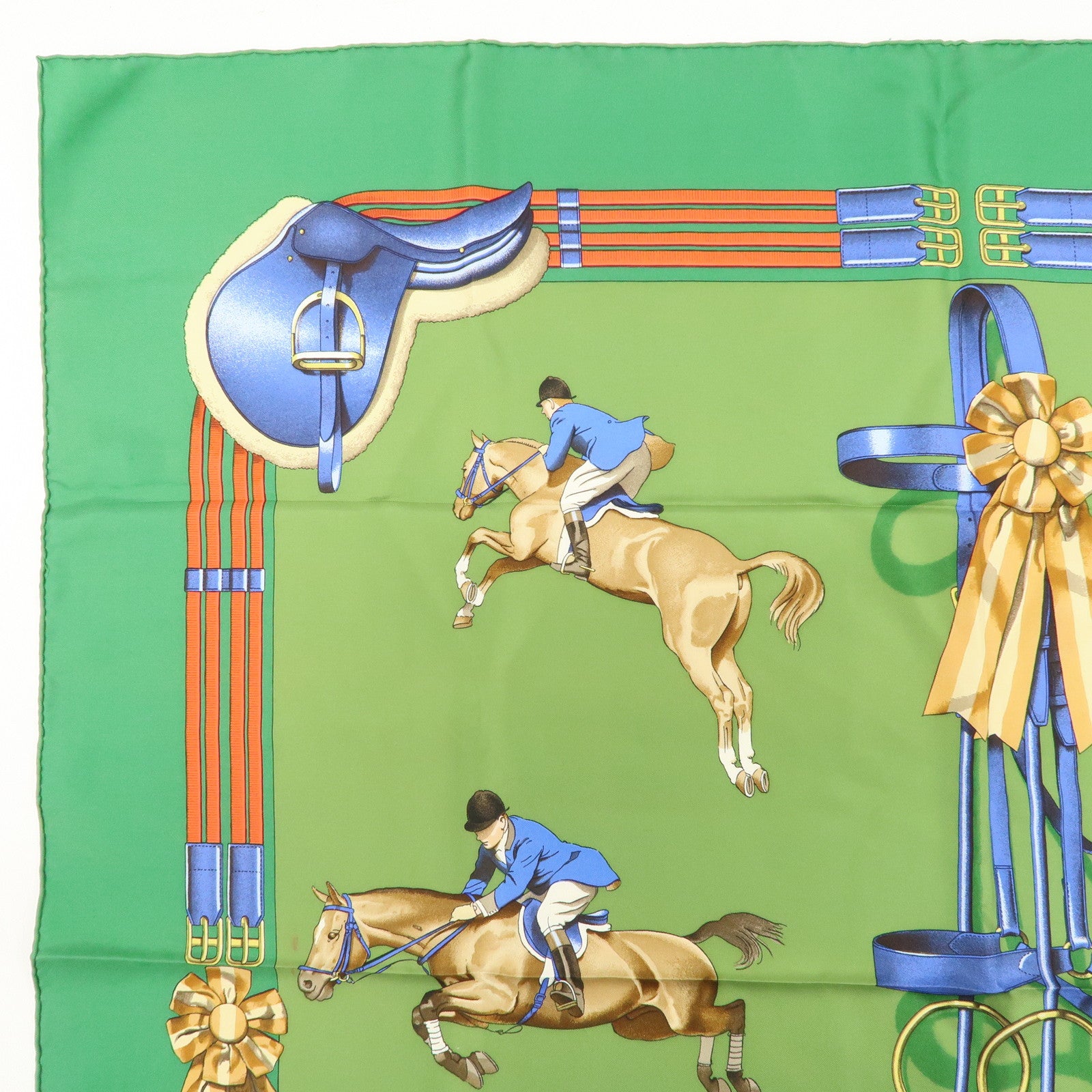 HERMES Carre 90 100% Silk Scarf JUMPING Riding Horse Green